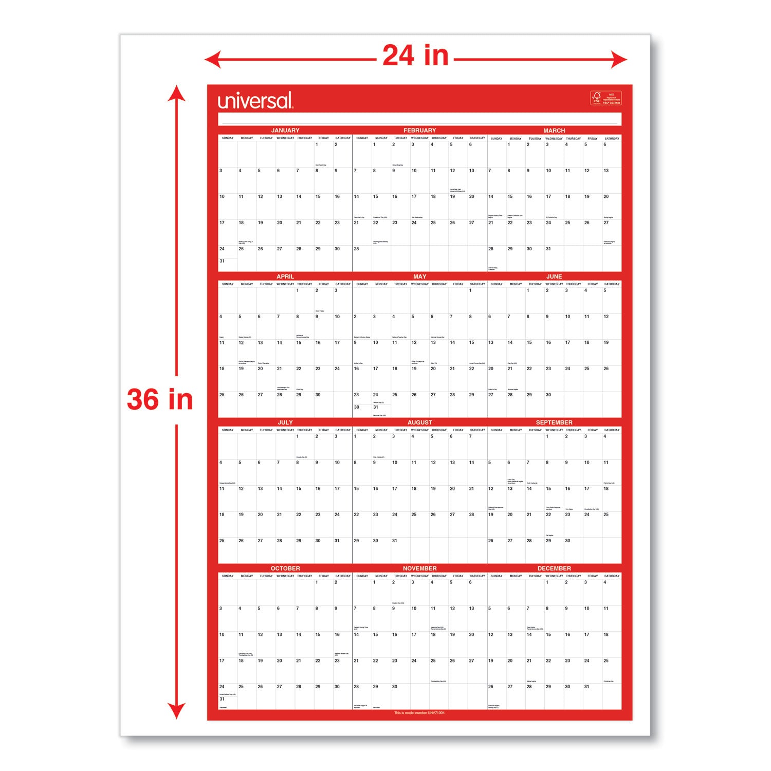 Universal® Erasable Wall Calendar, 24 x 36, White/Red Sheets, 12-Month (Jan to Dec): 2025 - Bloom Skins
