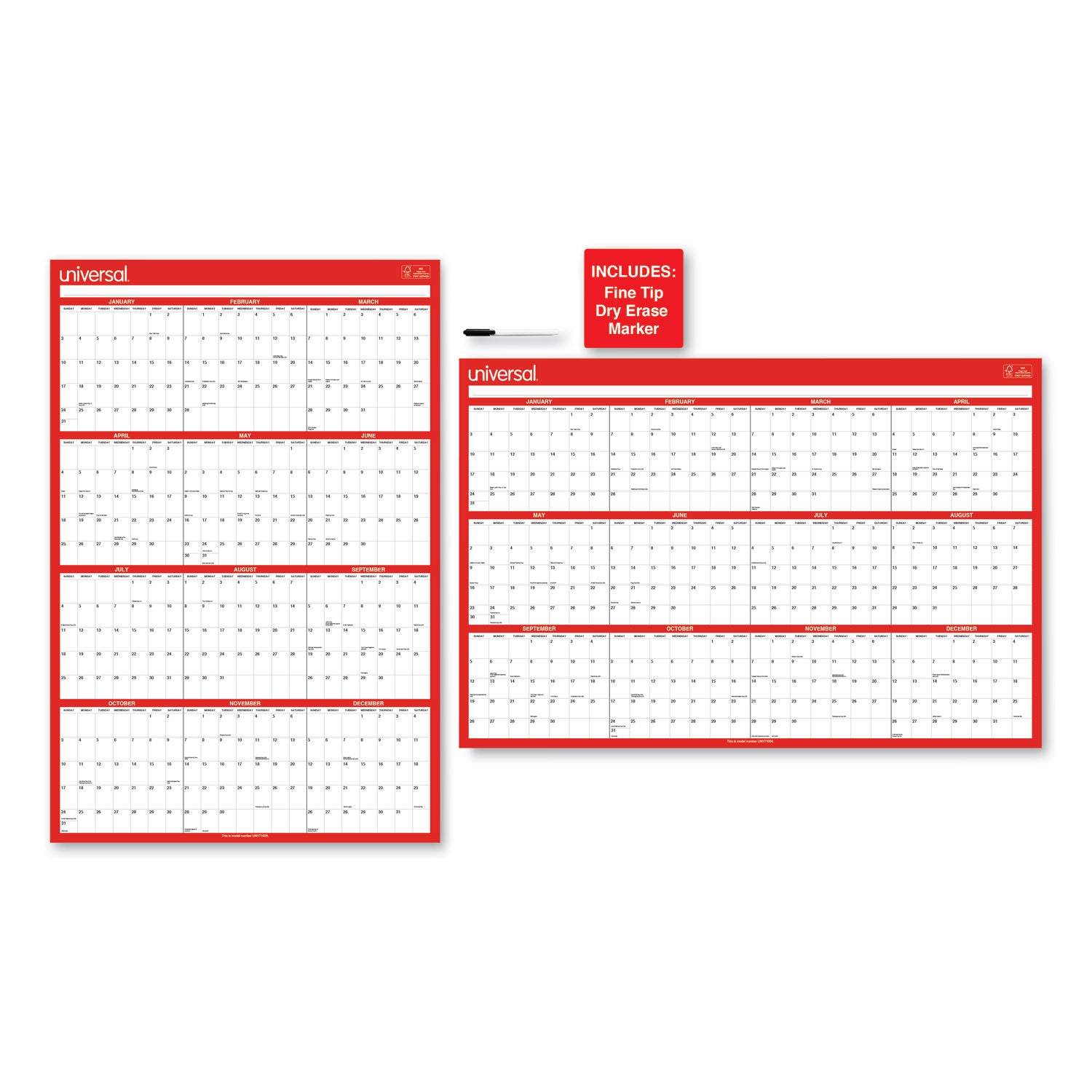 Universal® Erasable Wall Calendar, 24 x 36, White/Red Sheets, 12-Month (Jan to Dec): 2025 - Bloom Skins