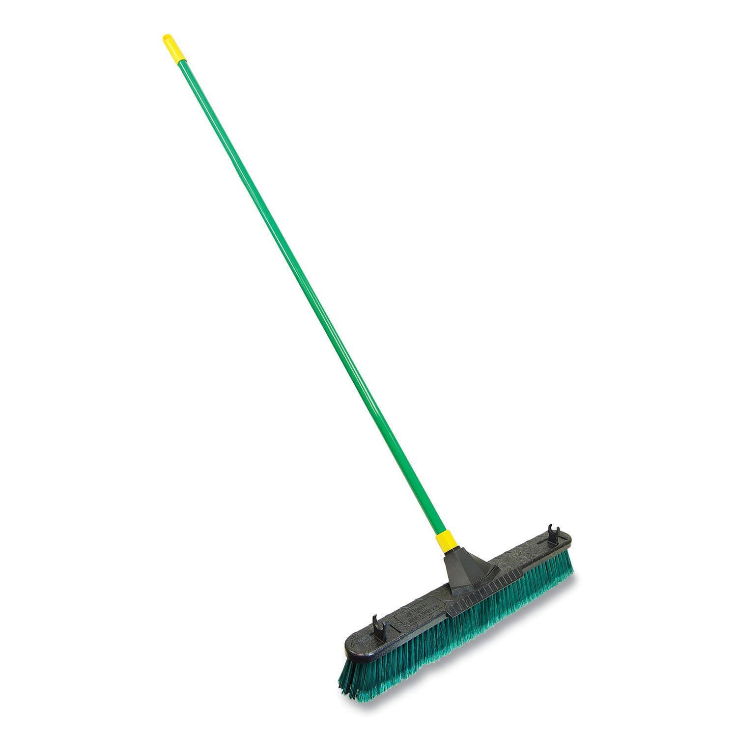 Quickie® Bulldozer Multisurface Pushbroom With Scraper Block, 24 X 60, Powder Coated Steel Handle, Green/black/yellow