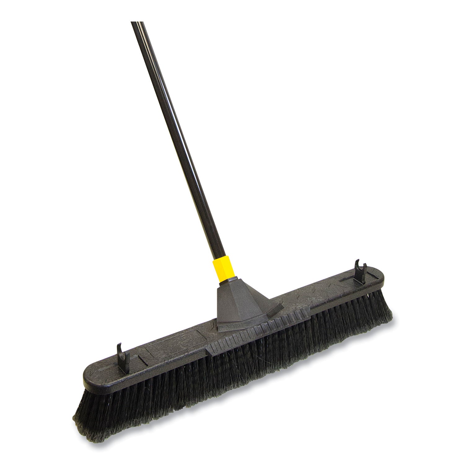 Quickie® Bulldozer Smooth Surface Pushbroom With Scraper Block, 24 X 60, Powder Coated Handle, Tampico Bristles, Black/yellow