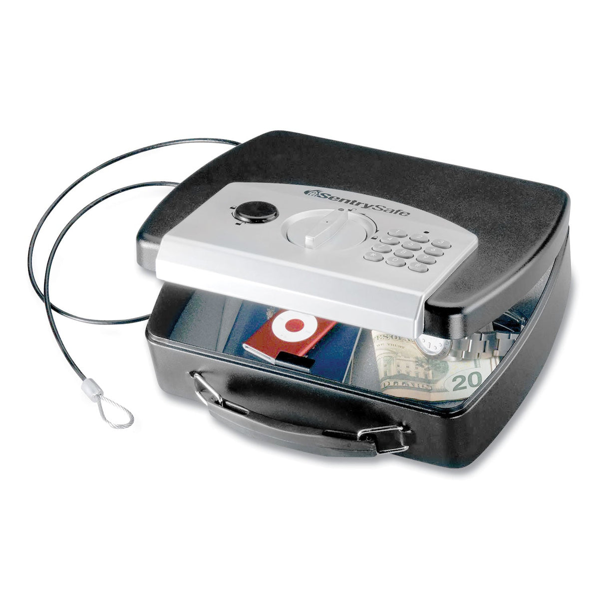 Sentry® Safe P008e Portable Electronic Security Safe, 0.08 Cu Ft, 10 X 7.9 X 2.9, Black/silver