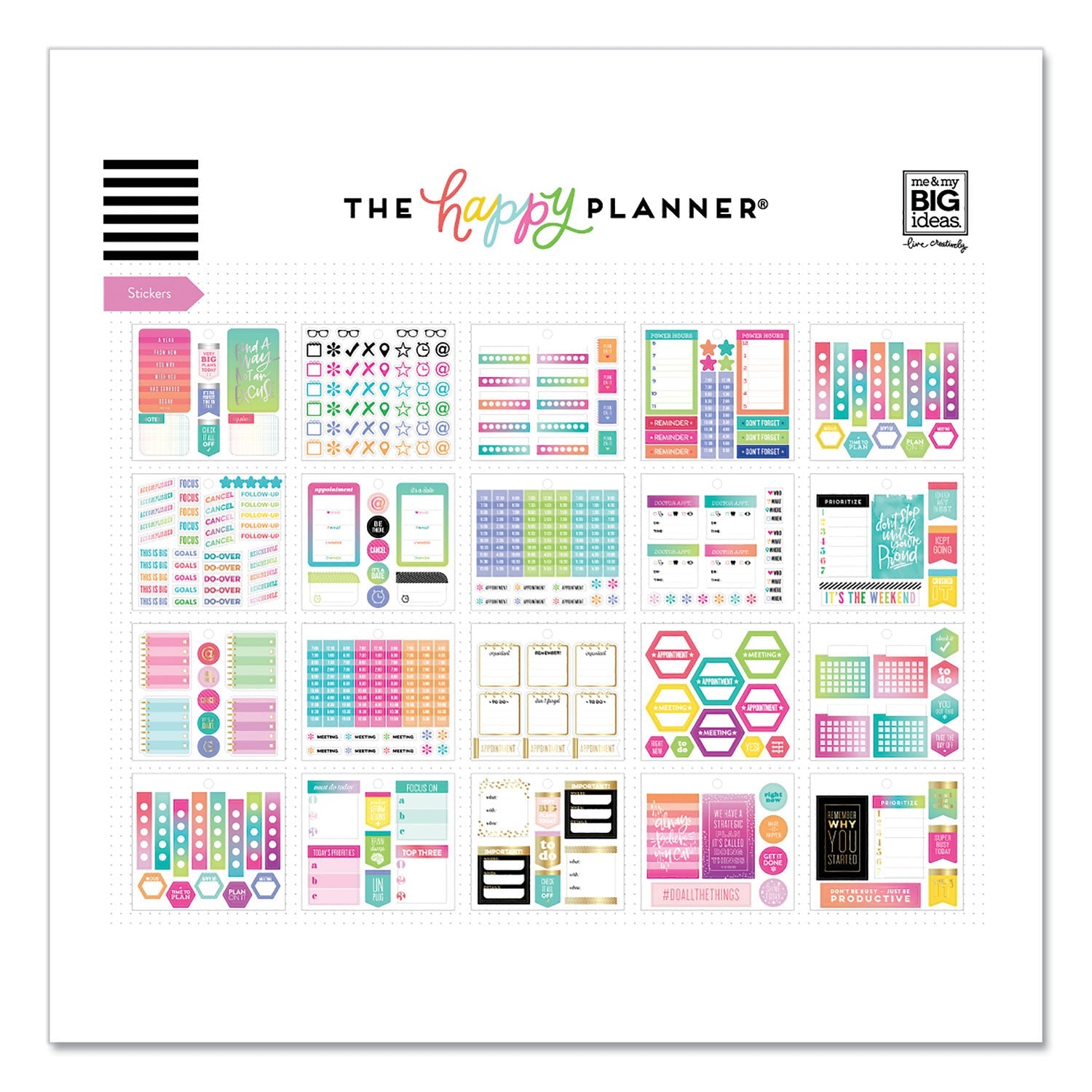 The Happy Planner® Productivity Multi Accessory Pack, 20 Double-Sided Pre-Punched Cards, 20 Half-Sheet Stickers, 3 Sticky Note Pads - Bloom Skins