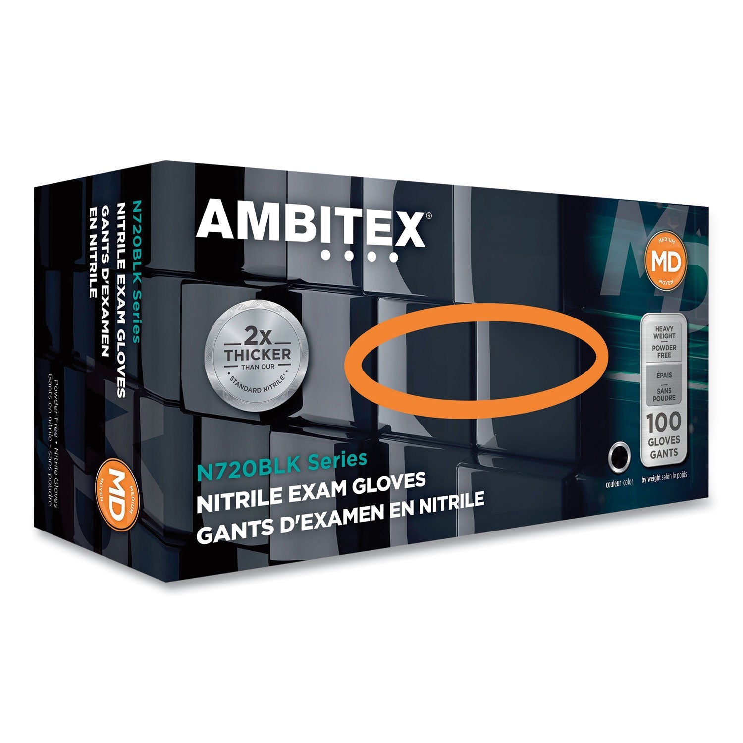 AMBITEX® N720 SERIES POWDER-FREE NITRILE GLOVES, 6 MIL, 2X-LARGE, BLACK, 100/BOX, 10 BOXES/CARTON