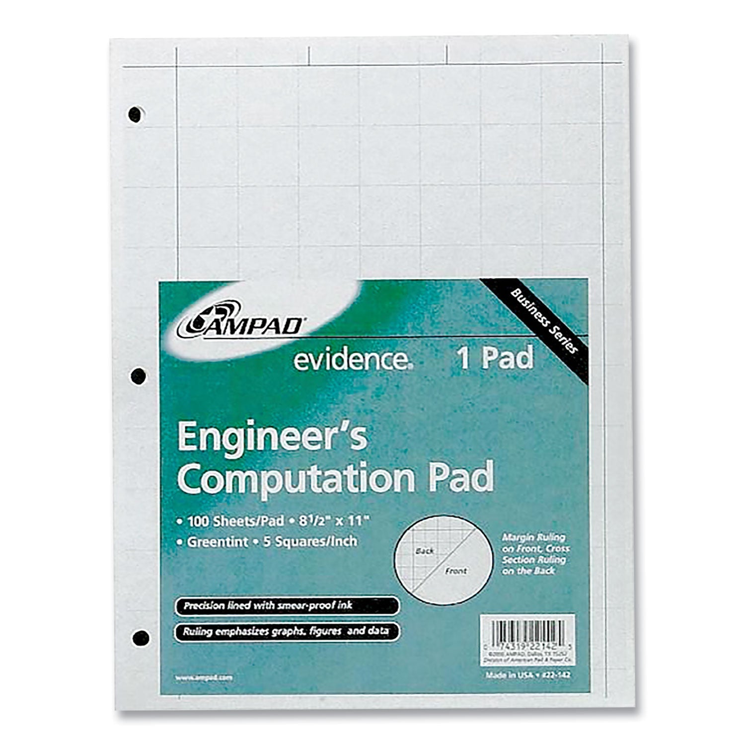 Ampad® Evidence Engineer's Computation Pad, Cross-Section Quadrille Rule (5 Sq/in, 1 Sq/in), 100 Green-Tint 8.5 X 11 Sheets