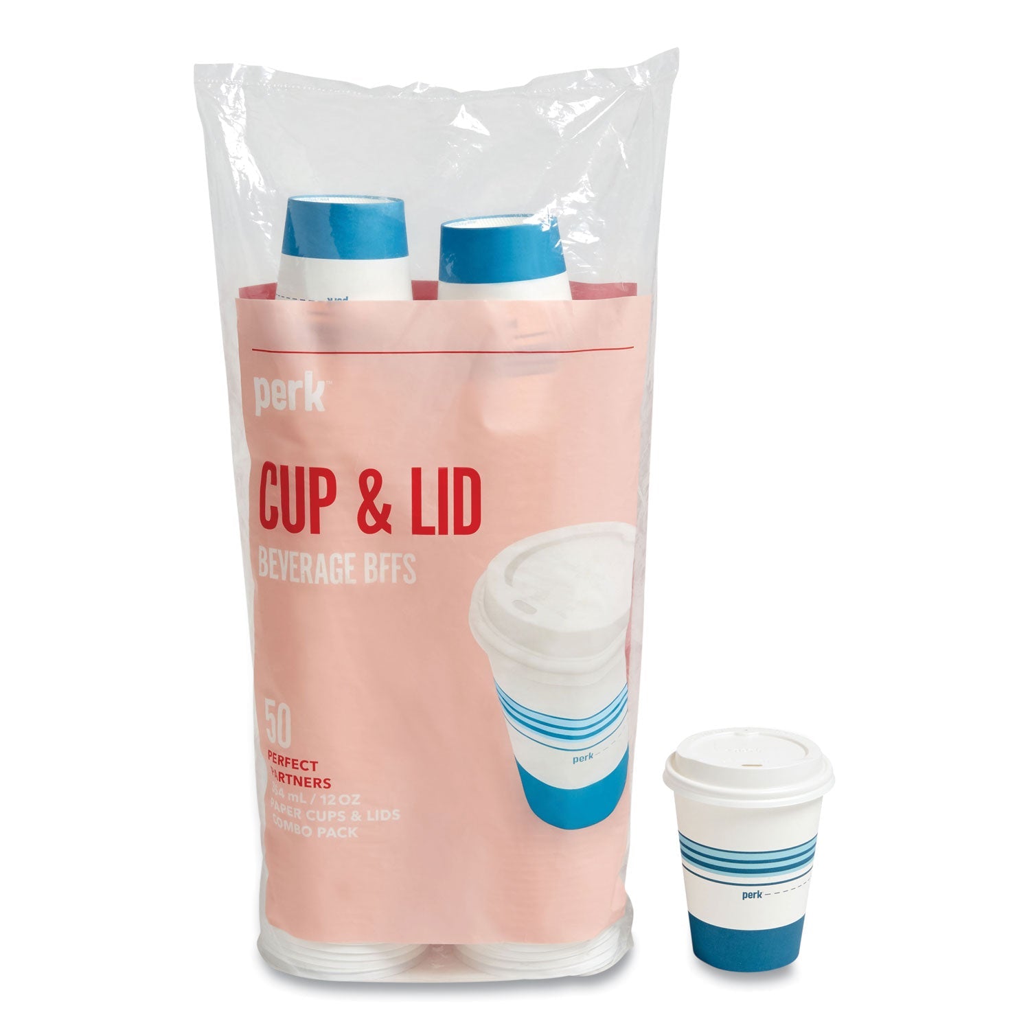 Perk™ Paper Hot Cup and Plastic Dome Lid Combo, 12 oz, White/Blue, 50/Pack