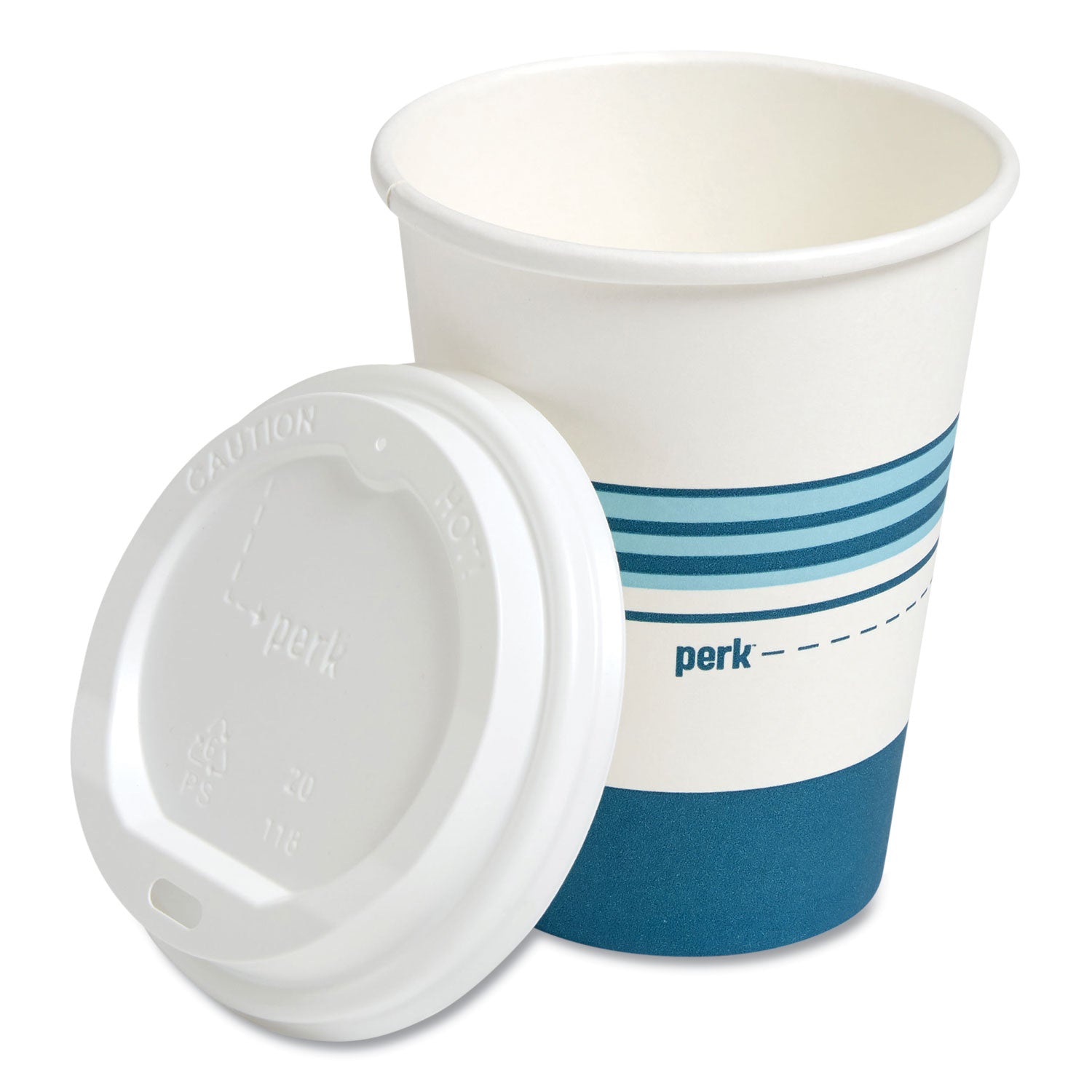 Perk™ Paper Hot Cup and Plastic Dome Lid Combo, 12 oz, White/Blue, 50/Pack