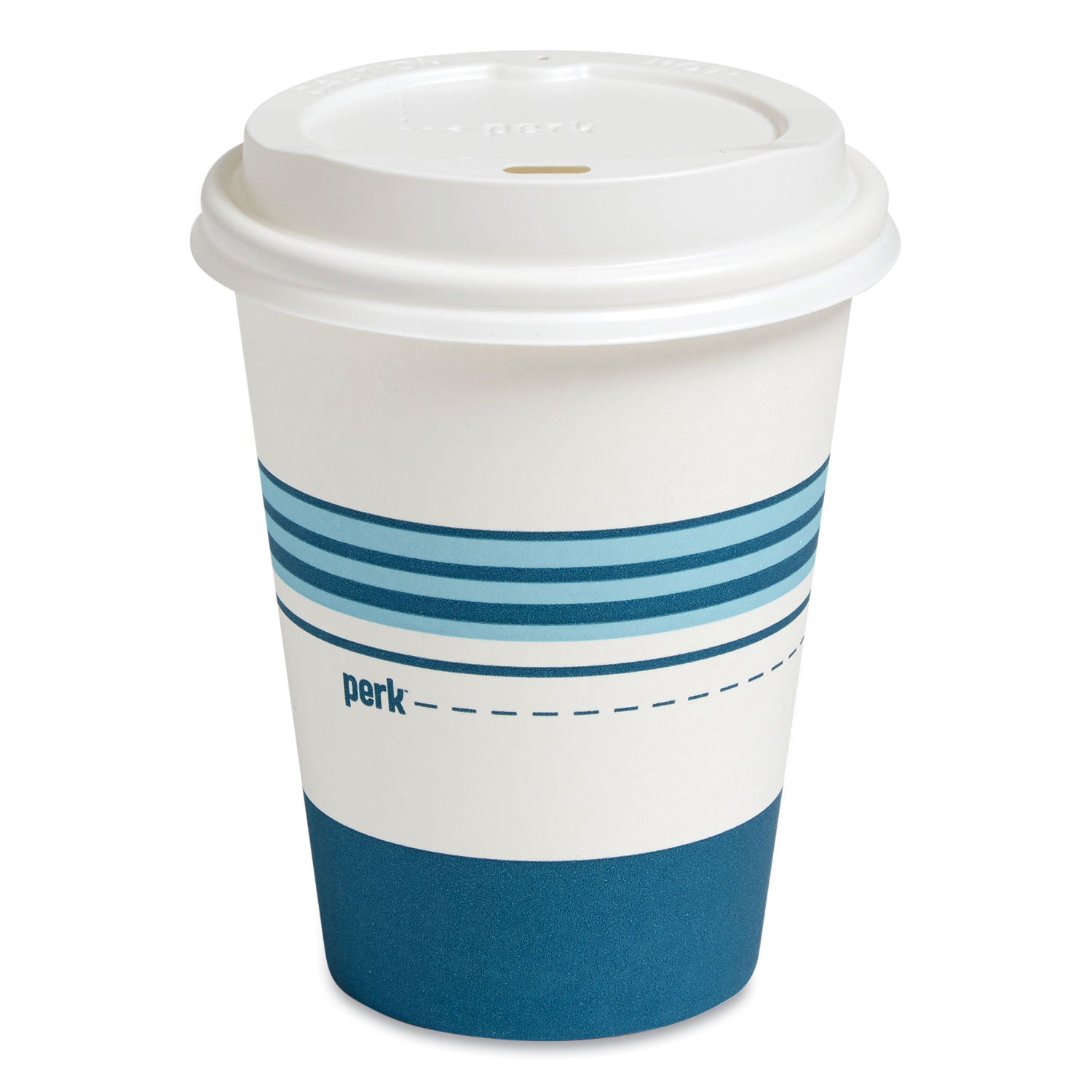Perk™ Paper Hot Cup and Plastic Dome Lid Combo, 12 oz, White/Blue, 50/Pack