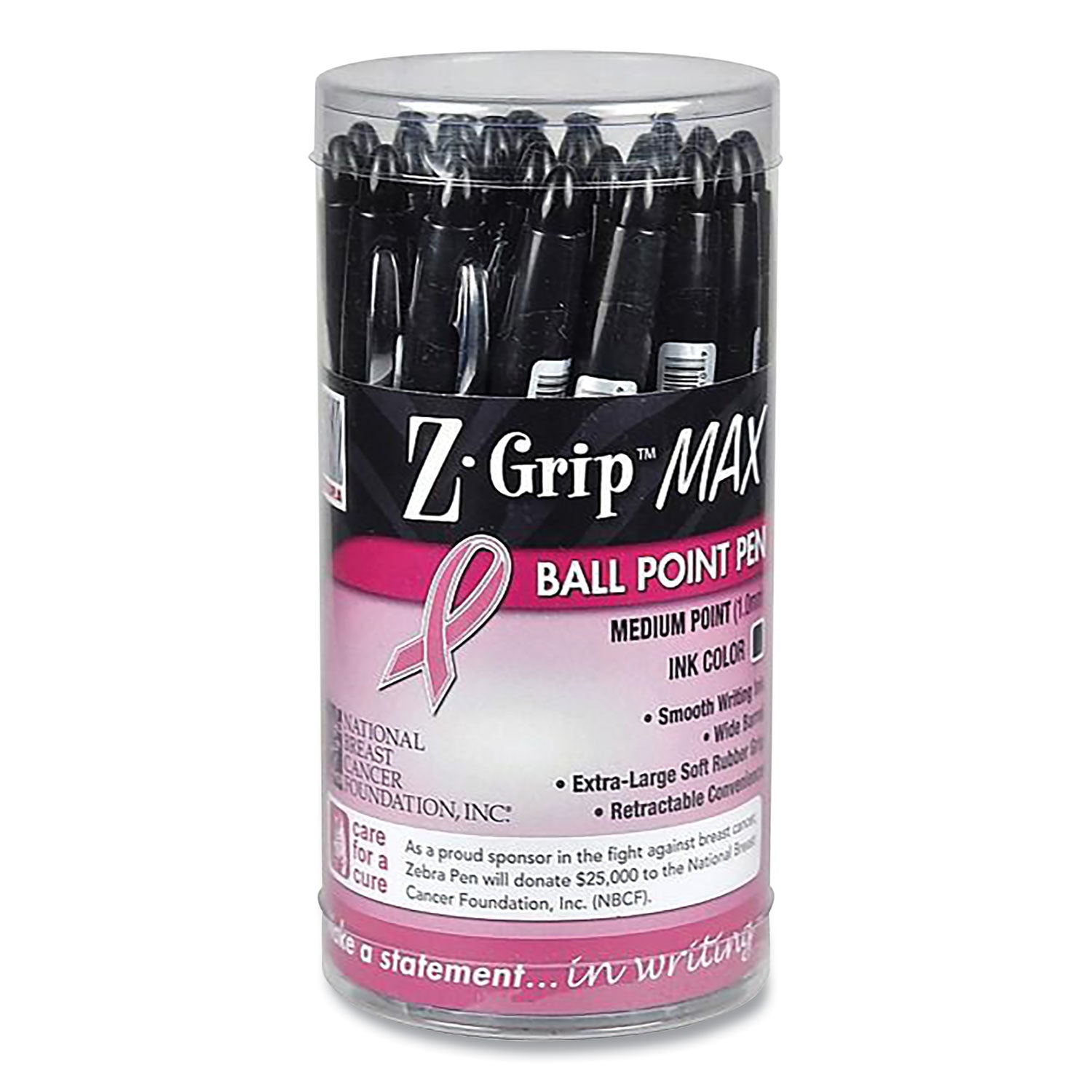 Zebra® Z-Grip MAX Breast Cancer Awareness Ballpoint Pen, Retractable, Bold 1.2 mm, Black Ink, Silver/Black Barrel, 24/Pack