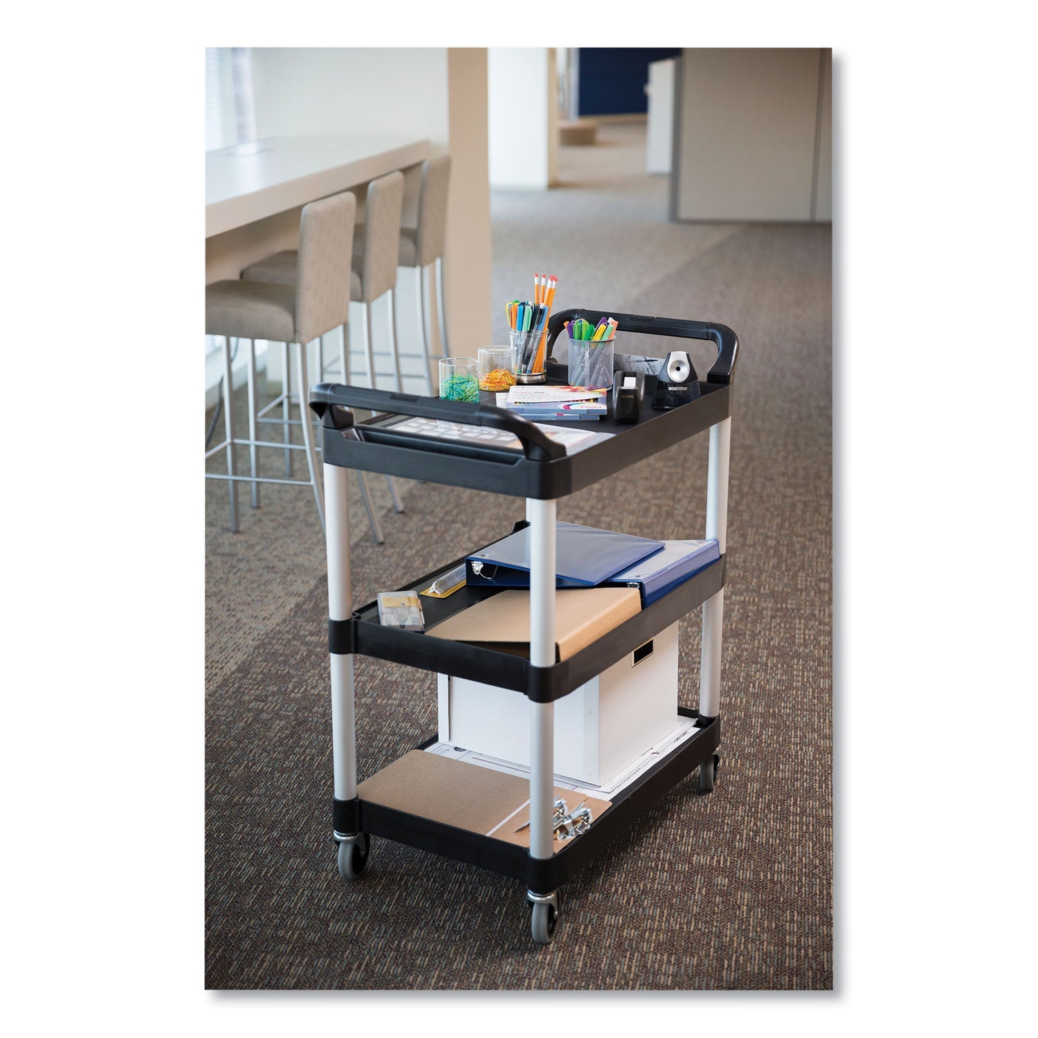 Rubbermaid® Commercial Three-Shelf Service Cart, Plastic, 3 Shelves, 200 lb Capacity, 18.63" x 33.63" x 37.75", Black