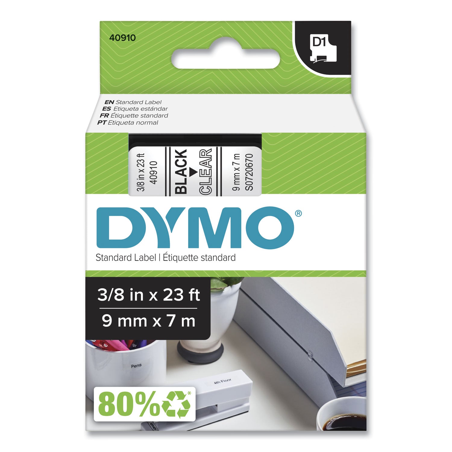 DYMO® D1 High-Performance Polyester Removable Label Tape, 0.37" X 23 Ft, Black On Clear