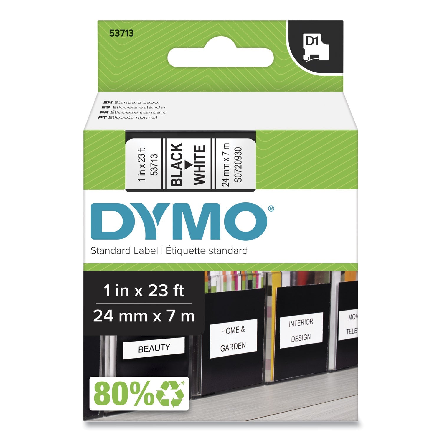 DYMO® D1 High-Performance Polyester Removable Label Tape, 1" X 23 Ft, Black On White