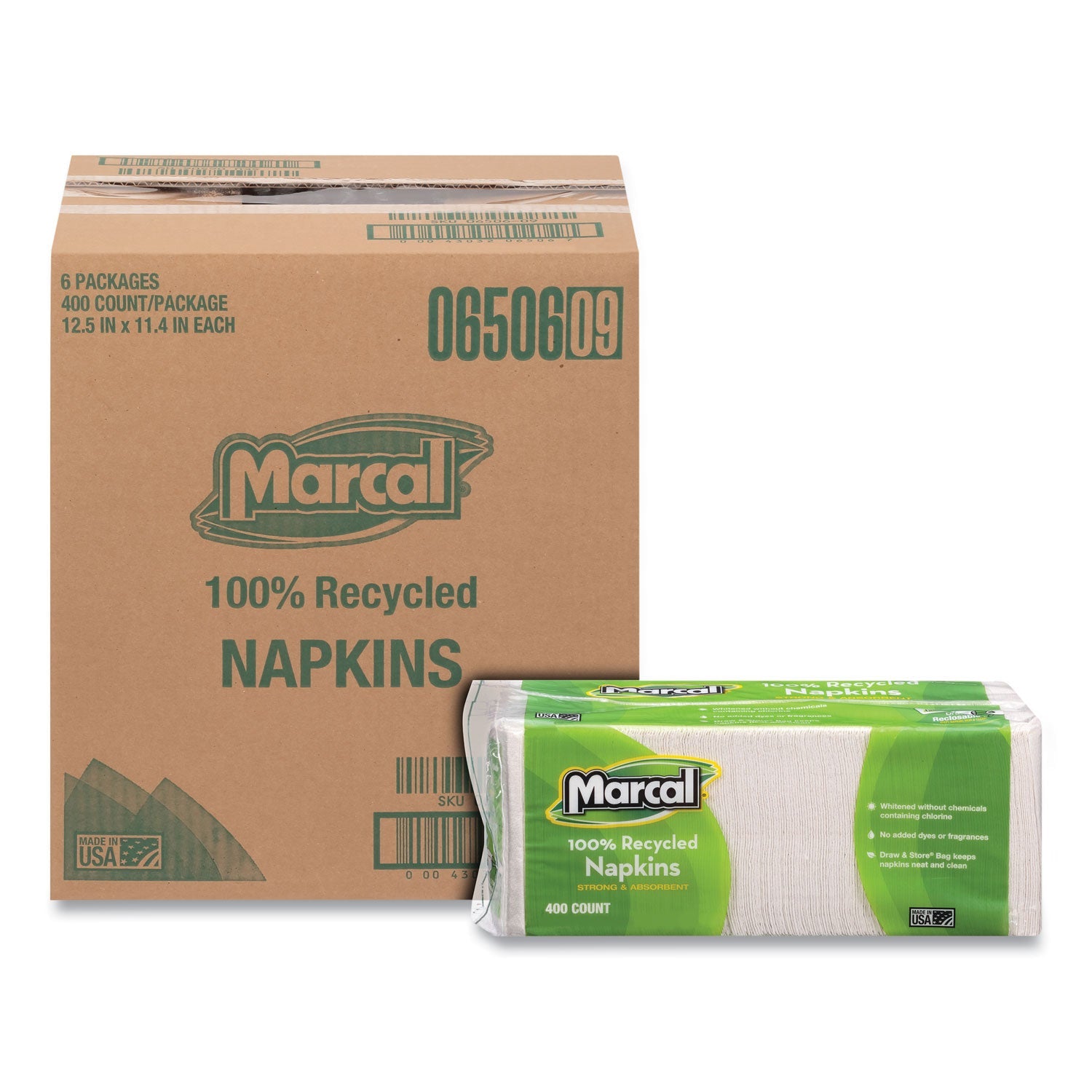 Marcal® 100% Recycled Lunch Napkins, 1-Ply, 11.4 X 12.5, White, 400/pack