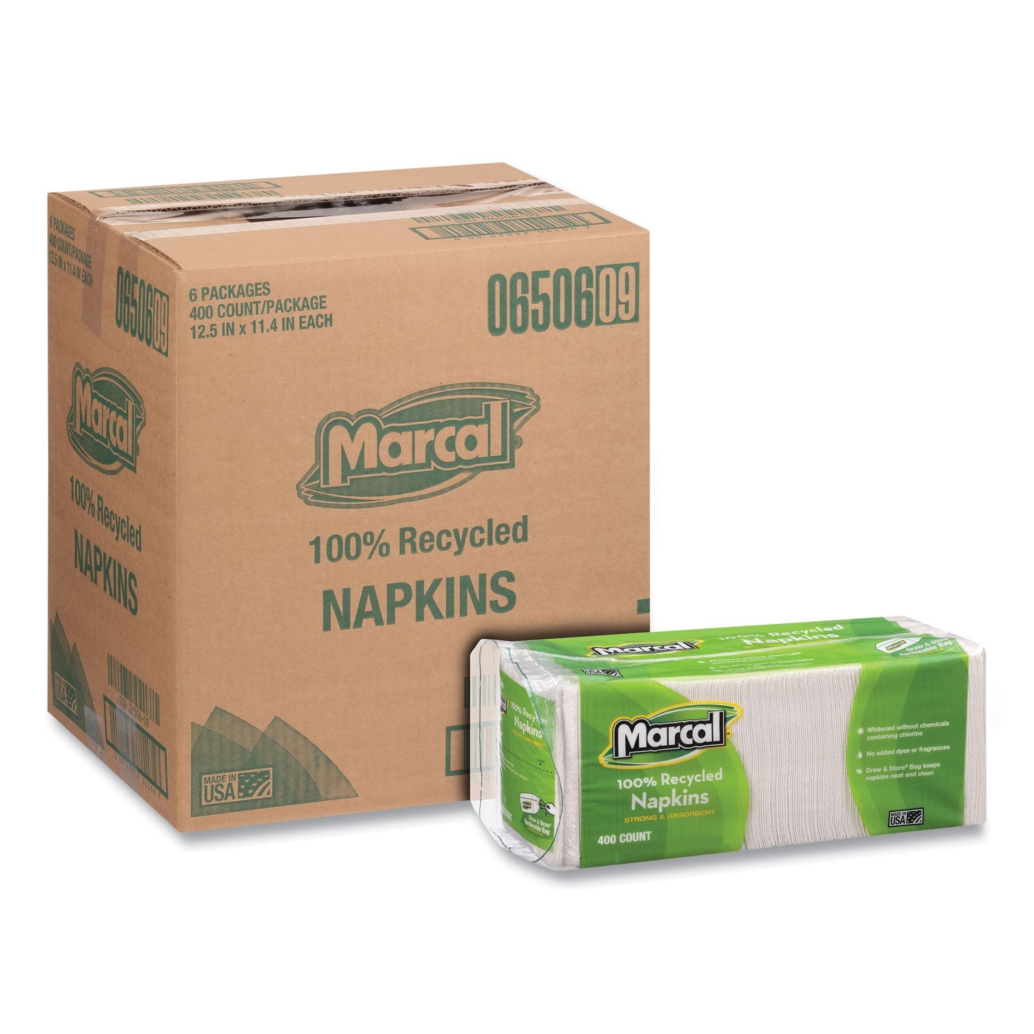 Marcal® 100% Recycled Lunch Napkins, 1-Ply, 11.4 X 12.5, White, 400/pack