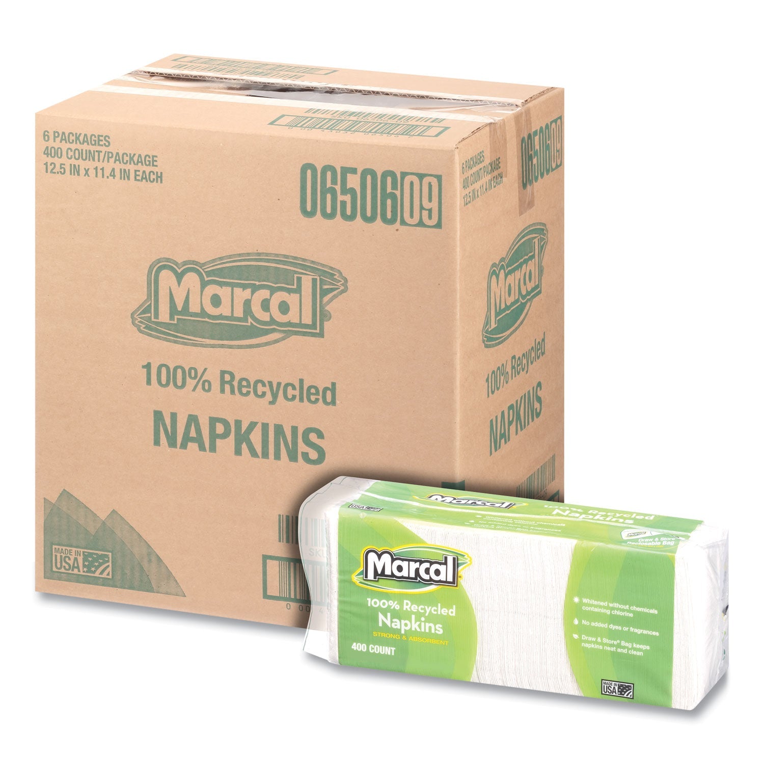 Marcal® 100% Recycled Luncheon Napkins, 11.4 X 12.5, White, 400/pack, 6pk/ct