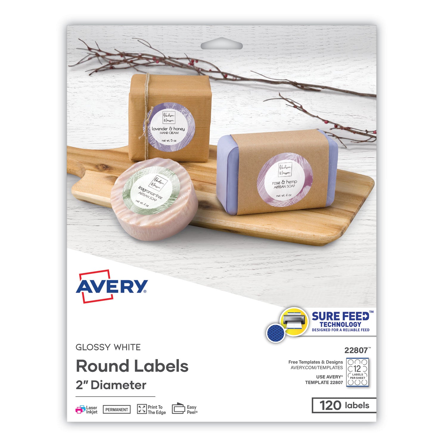 Avery® Round Print-To-The Edge Labels With Sure Feed And Easy Peel, 2" Dia, Glossy White, 120/pk