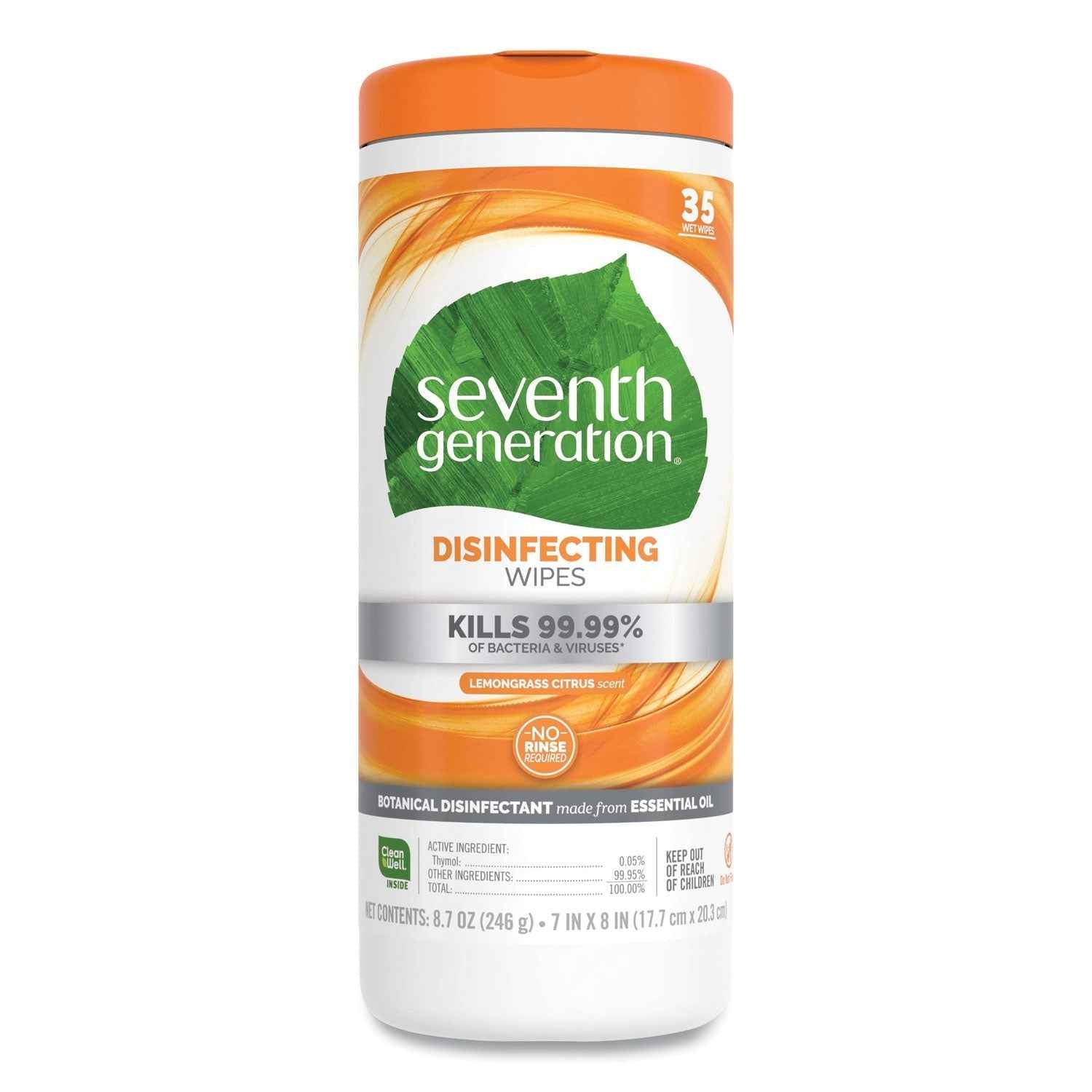 Seventh Generation® Botanical Disinfecting Wipes, 7 x 8, Lemongrass Citrus, White, 35 Wipes