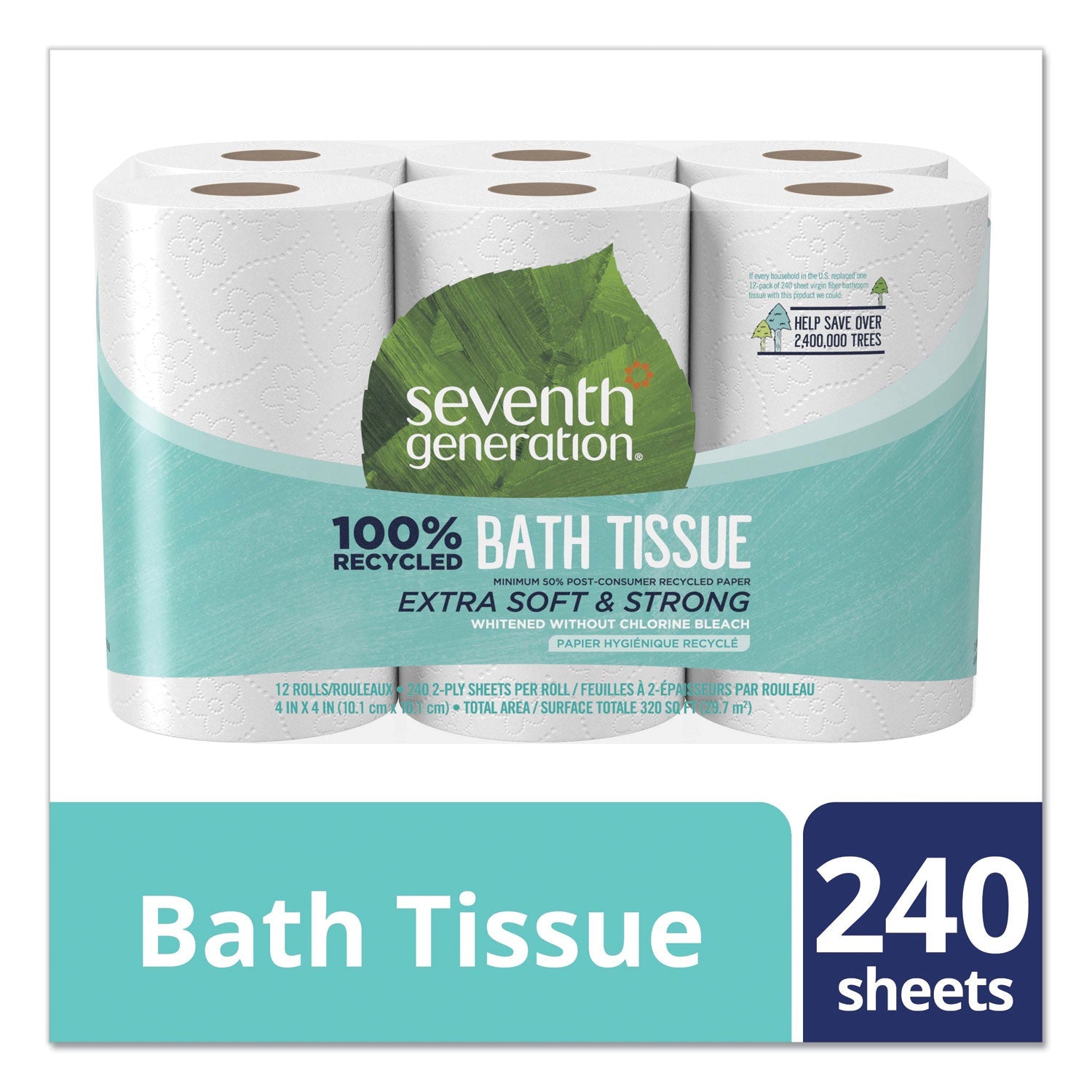 Seventh Generation® 100% Recycled Bathroom Tissue, Septic Safe, 2-Ply, White, 240 Sheets/roll, 12/pack