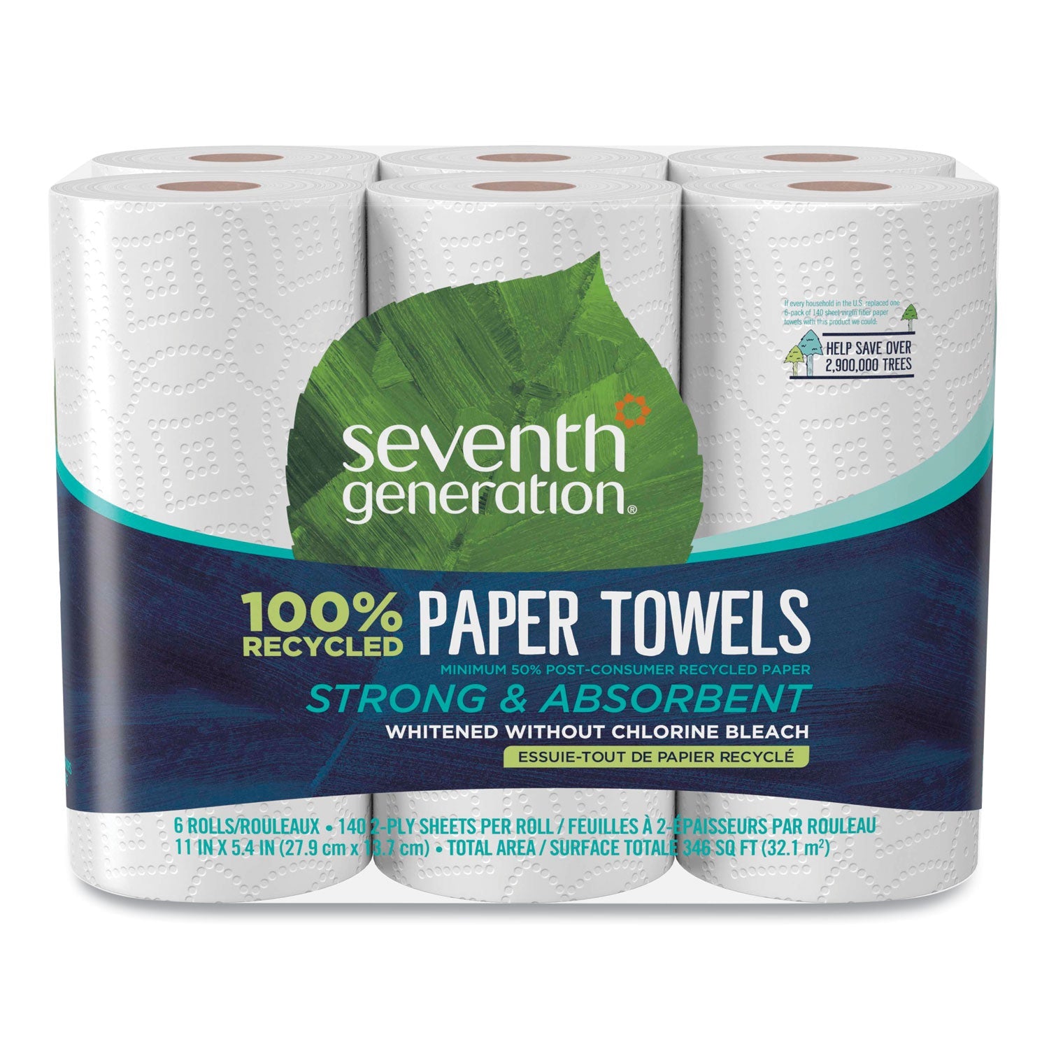 Seventh Generation® 100% Recycled Paper Kitchen Towel Rolls, 2-Ply, 11 x 5.4, 140 Sheets/Roll, 6 Rolls/Pack
