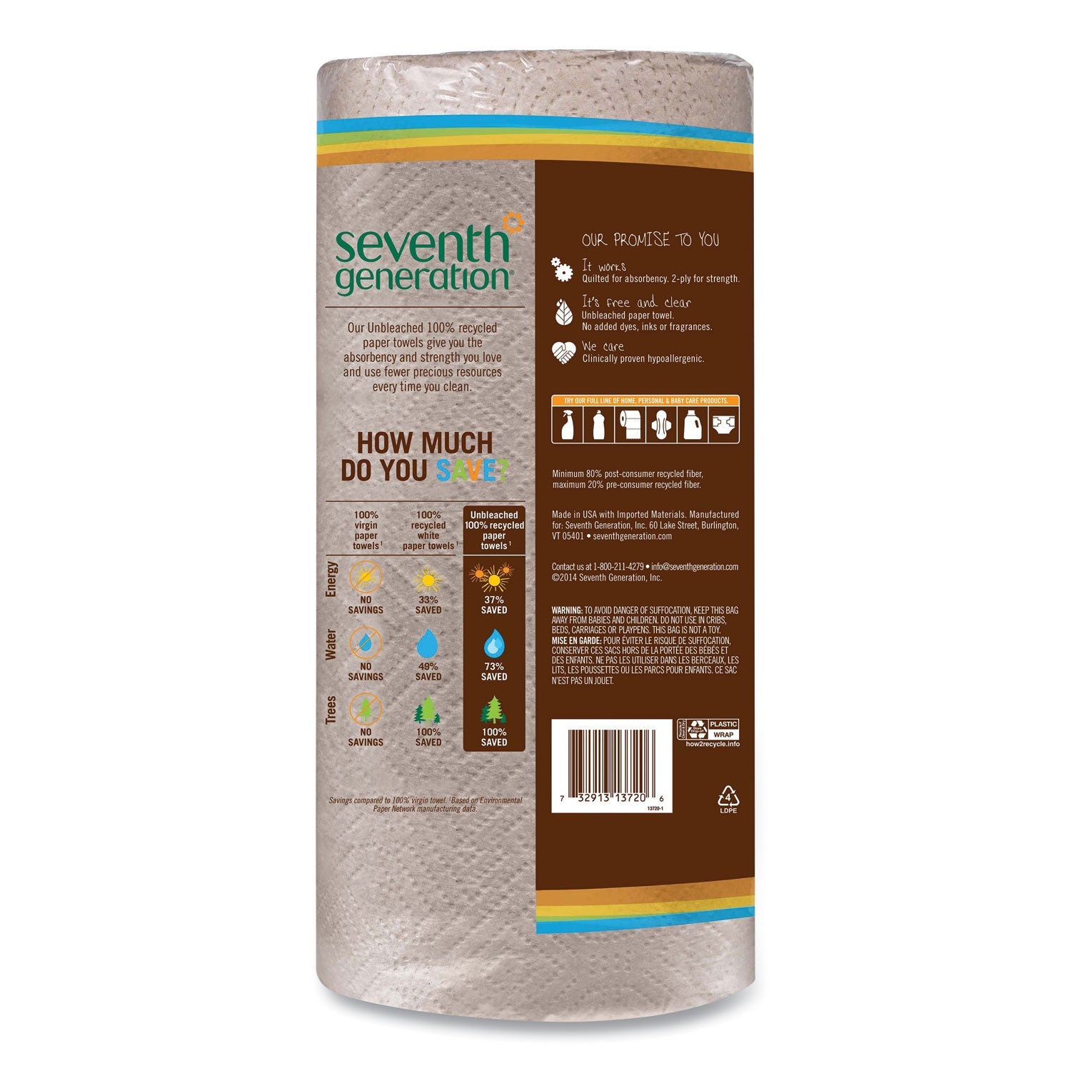 Seventh Generation® Natural Unbleached 100% Recycled Paper Kitchen Towel Rolls, 2-Ply, Individually Wrapped, 11 x 9, 120/Roll, 30 Rolls/Carton