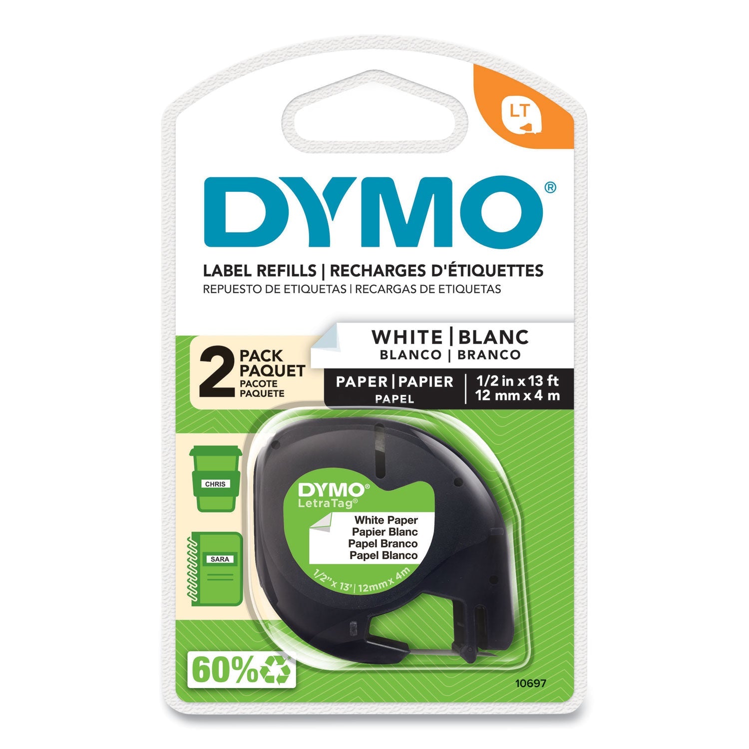 DYMO® Letratag Paper Label Tape Cassettes, 0.5" X 13 Ft, White, 2/pack