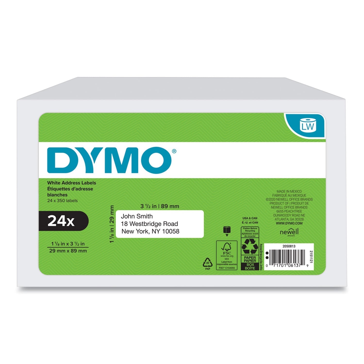 DYMO® LW Address Labels, 1.13" x 3.5", White, 350 Labels/Roll, 24 Rolls/Box