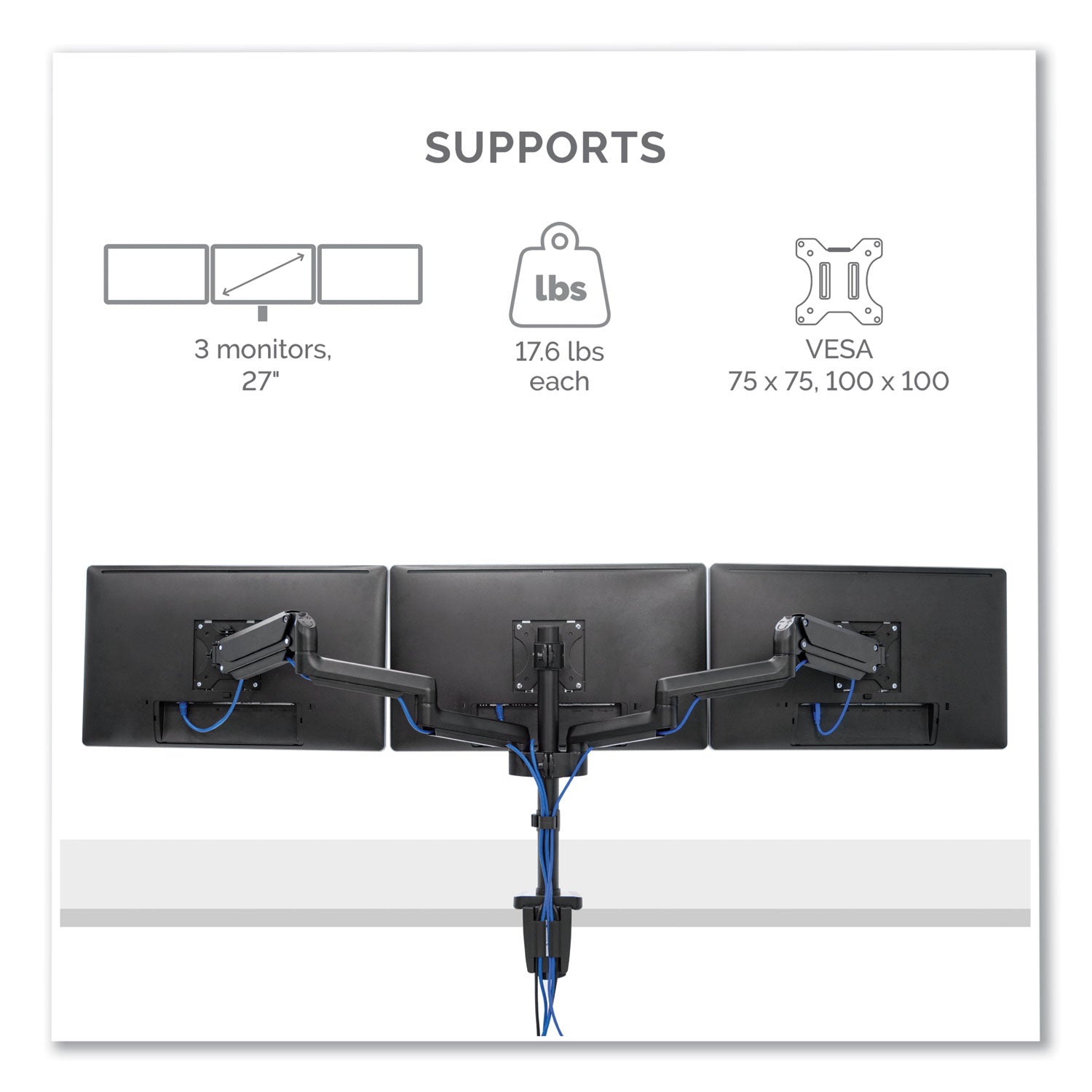 Fellowes® Platinum Series Triple Monitor Arm For 27" Monitors, 360 Deg Rotation, +85/-20 Deg Tilt, 360 Deg Pan, Black, Supports 20 Lb