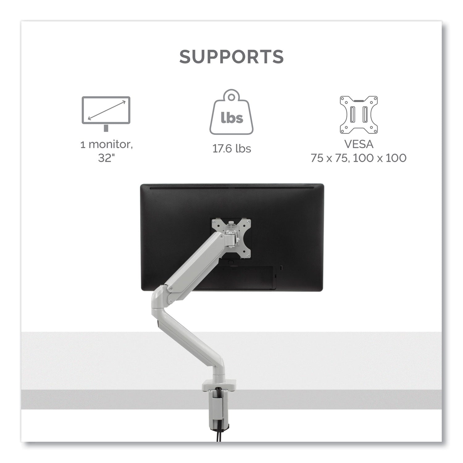 Fellowes® Platinum Series Single Monitor Arm, For 27" Monitors, 360 Deg Rotation, 45 Deg Tilt, 180 Deg Pan, Silver, Supports 20 Lb