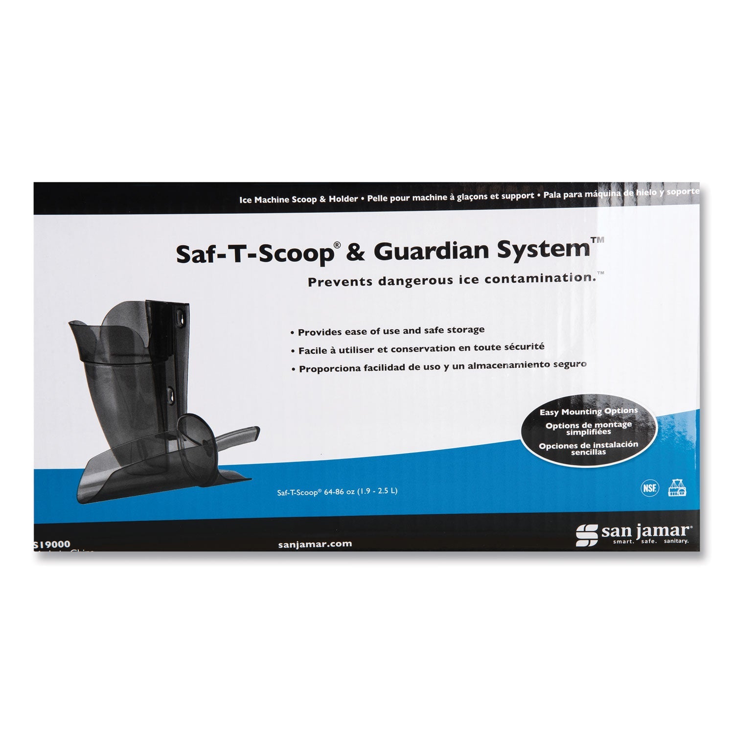 San Jamar® Saf-T-Scoop and Guardian System for Ice Machines, 12 oz to 16 oz Ice Scoop, Transparent Blue, 50/Carton - Bloom Skins