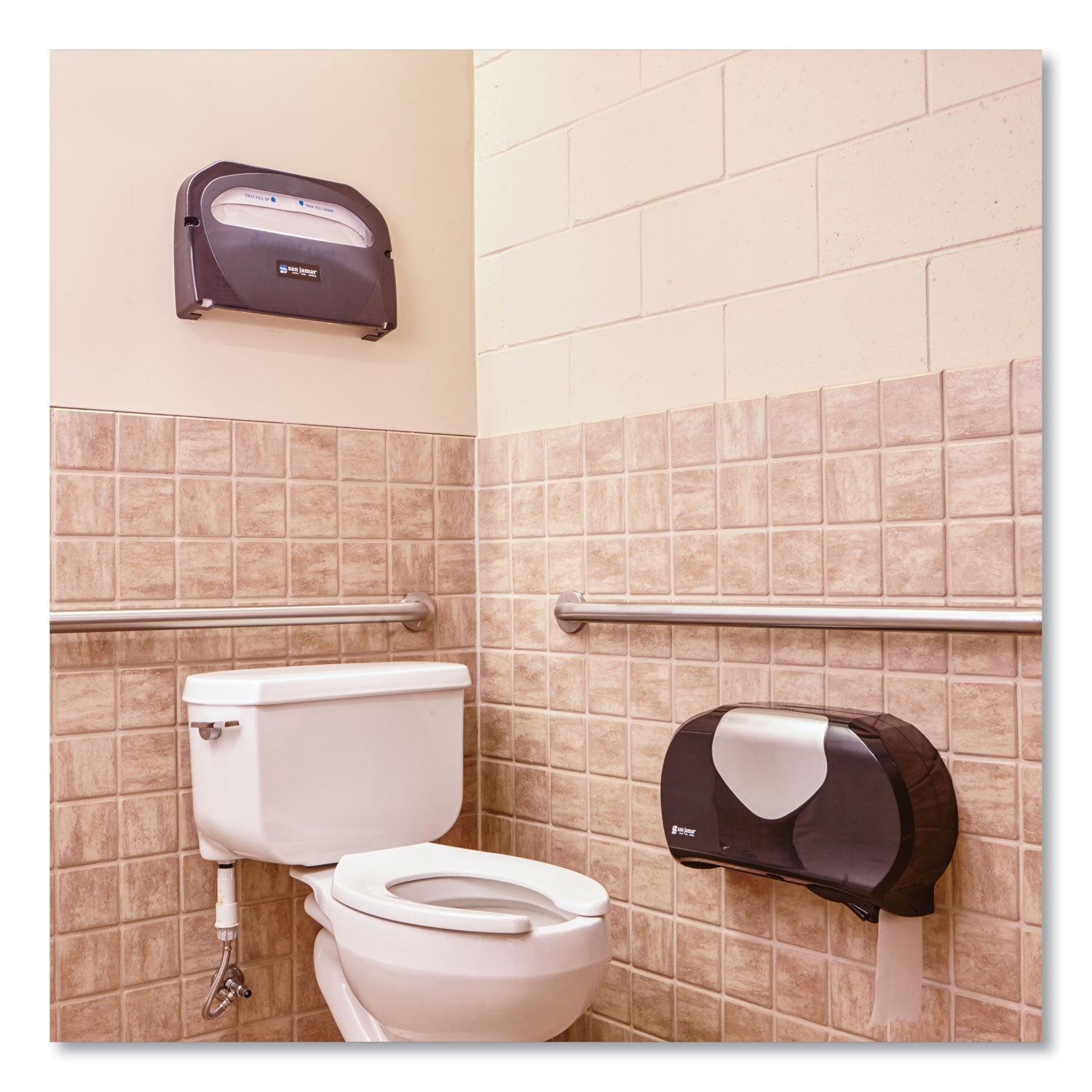 San Jamar® Twin 9" Jumbo Bath Tissue Dispenser, Summit, 20.07 x 5.88 x 11.9, Black/Faux Stainless Steel - Bloom Skins