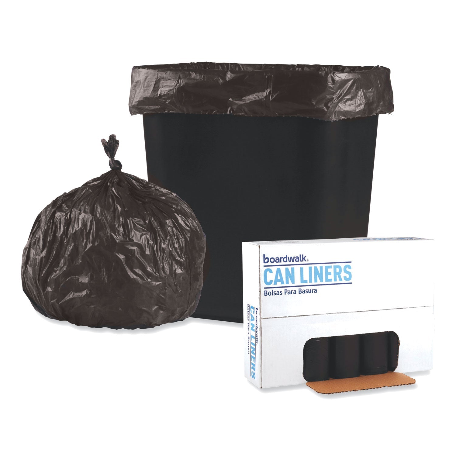 Boardwalk® Low-Density Waste Can Liners, 16 gal, 0.35 mil, 24" x 32", Black, Perforated Roll, 50 Bags/Roll, 10 Rolls/Carton