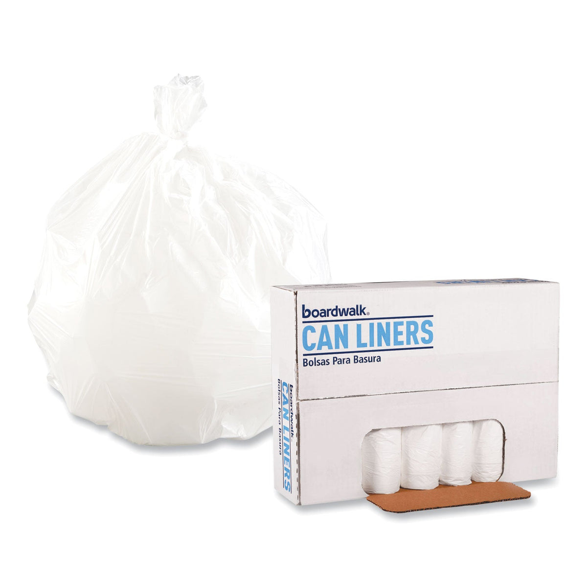 Boardwalk® Low-Density Waste Can Liners, 16 gal, 0.4 mil, 24" x 32", White, Perforated Roll, 25 Bags/Roll, 20 Rolls/Carton