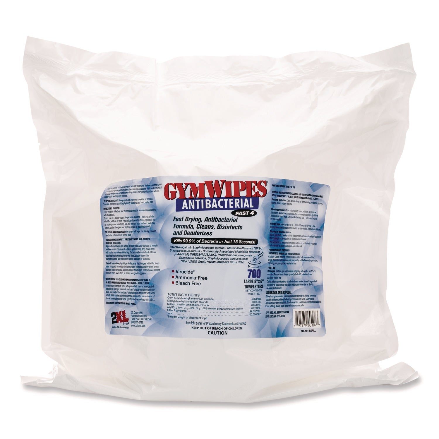 2XL Antibacterial Gym Wipes Refill, 1-Ply, 6 x 8, Unscented, White, 700 Wipes/Pack, 4 Packs/Carton