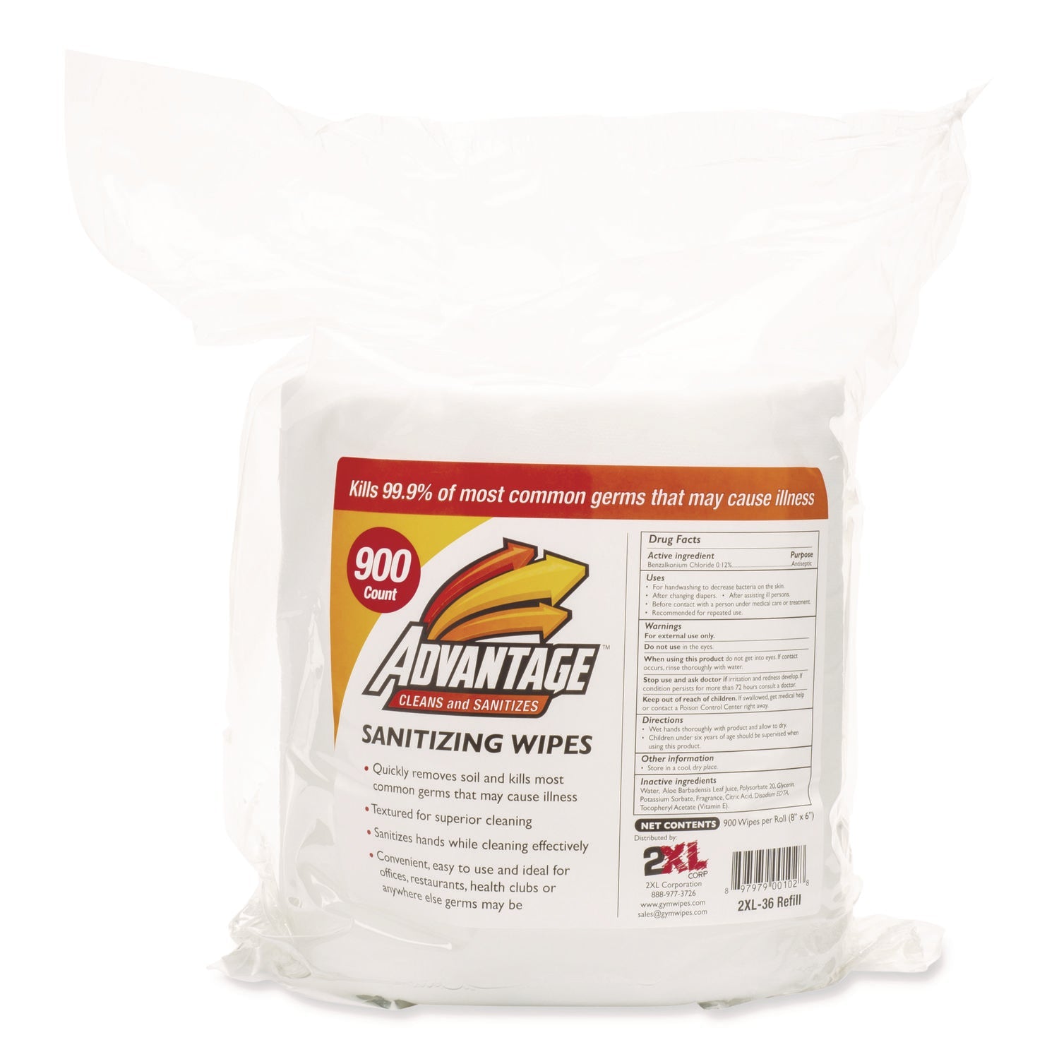 2XL Gym Wipes Advantage, 1-Ply, 6 x 8, Unscented, White, 900/Roll, 4 Rolls/Carton