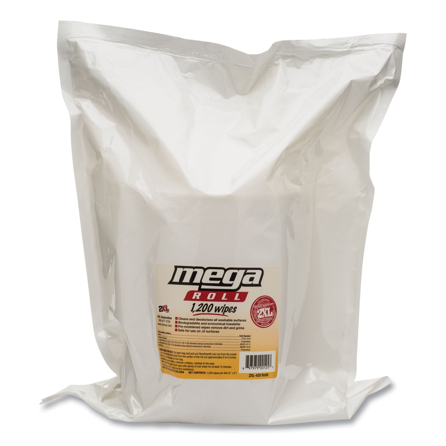 2XL Gym Wipes Mega Roll Refill, 8 x 8, Unscented, White, 1,200/Roll, 2 Rolls/Carton
