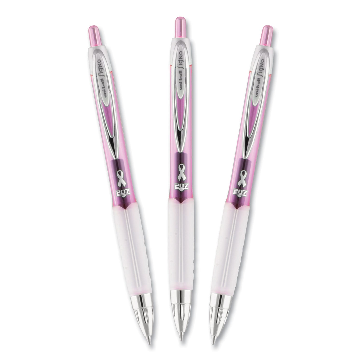 uniball® Signo 207 City of Hope Edition Gel Pen, Retractable, Medium 0.7 mm, Black Ink, Translucent Pink/White Barrel, Dozen