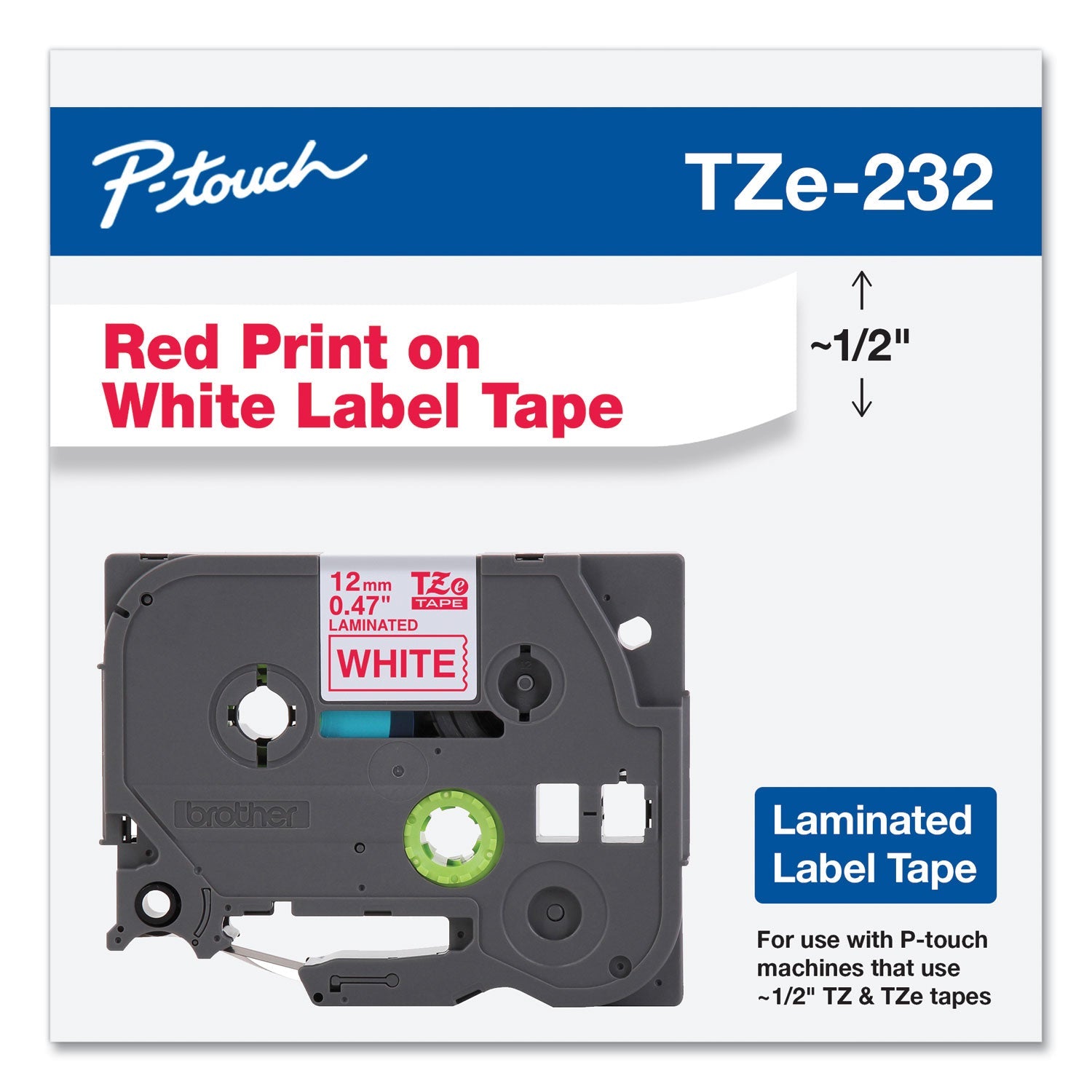 Brother P-Touch® Tze Standard Adhesive Laminated Labeling Tape, 0.47" X 26.2 Ft, Red On White