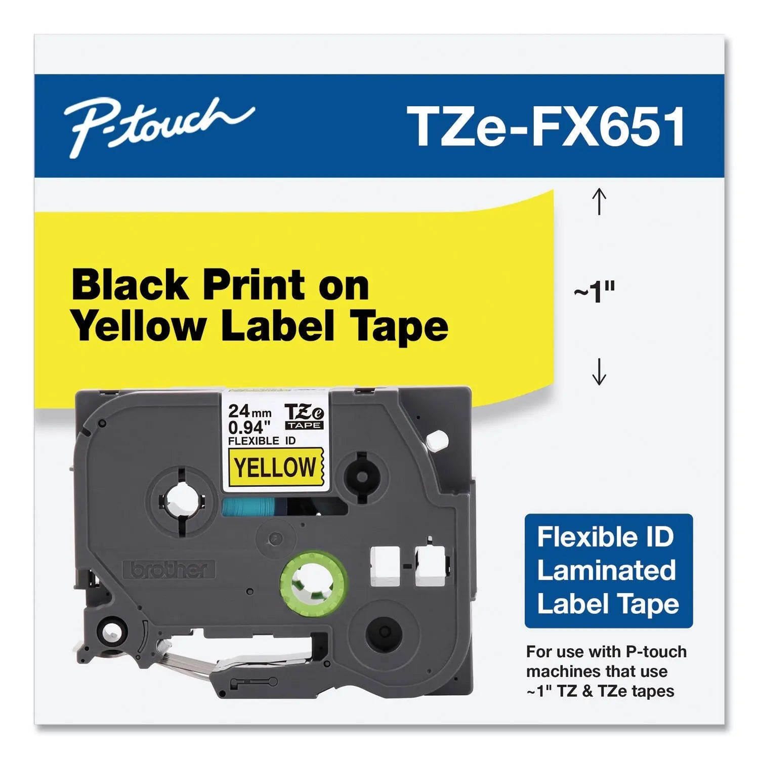 Brother P-Touch® Tze Flexible Tape Cartridge For P-Touch Labelers, 0.94" X 26.2 Ft, Black On Yellow