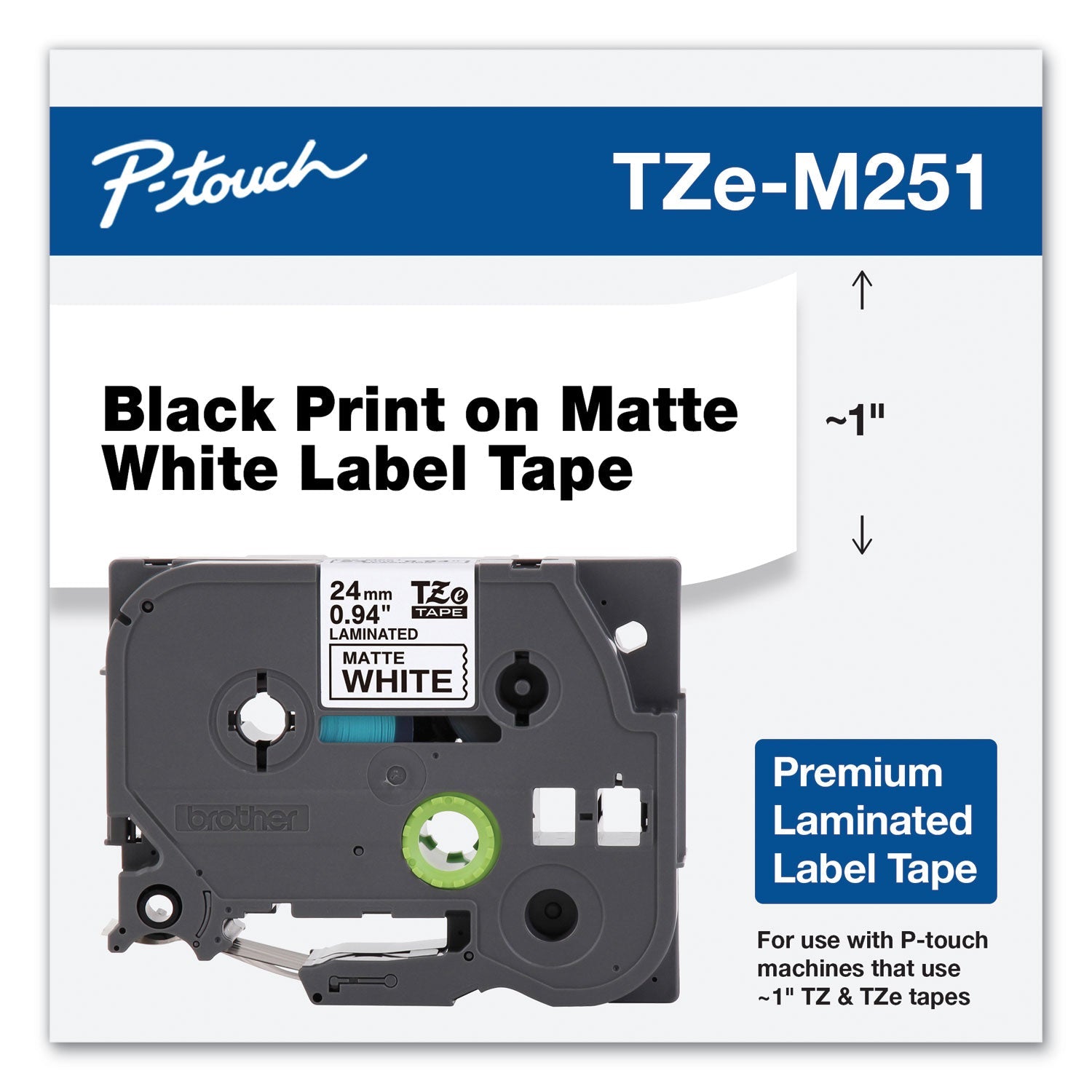 Brother Tze Premium Laminated Tape, 0.94" X 26.2 Ft, Black On White