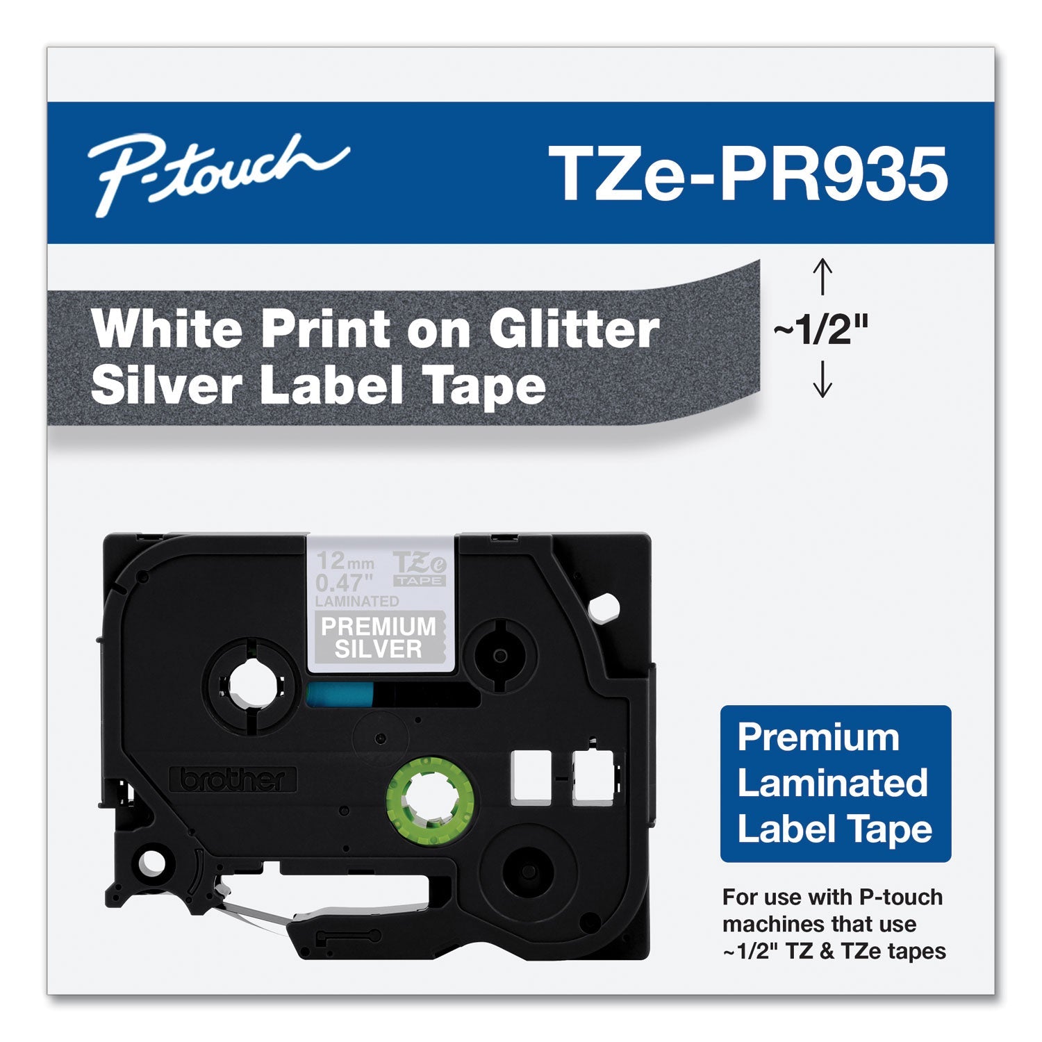 Brother Tze Premium Laminated Tape, 0.47" X 26.2 Ft, White On Silver