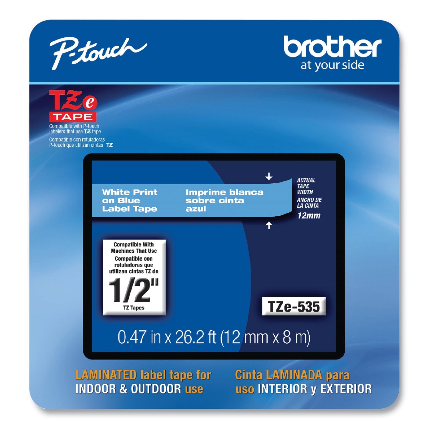 Brother P-Touch® Tze Laminated Removable Label Tapes, 0.47" X 26.2 Ft, White On Blue