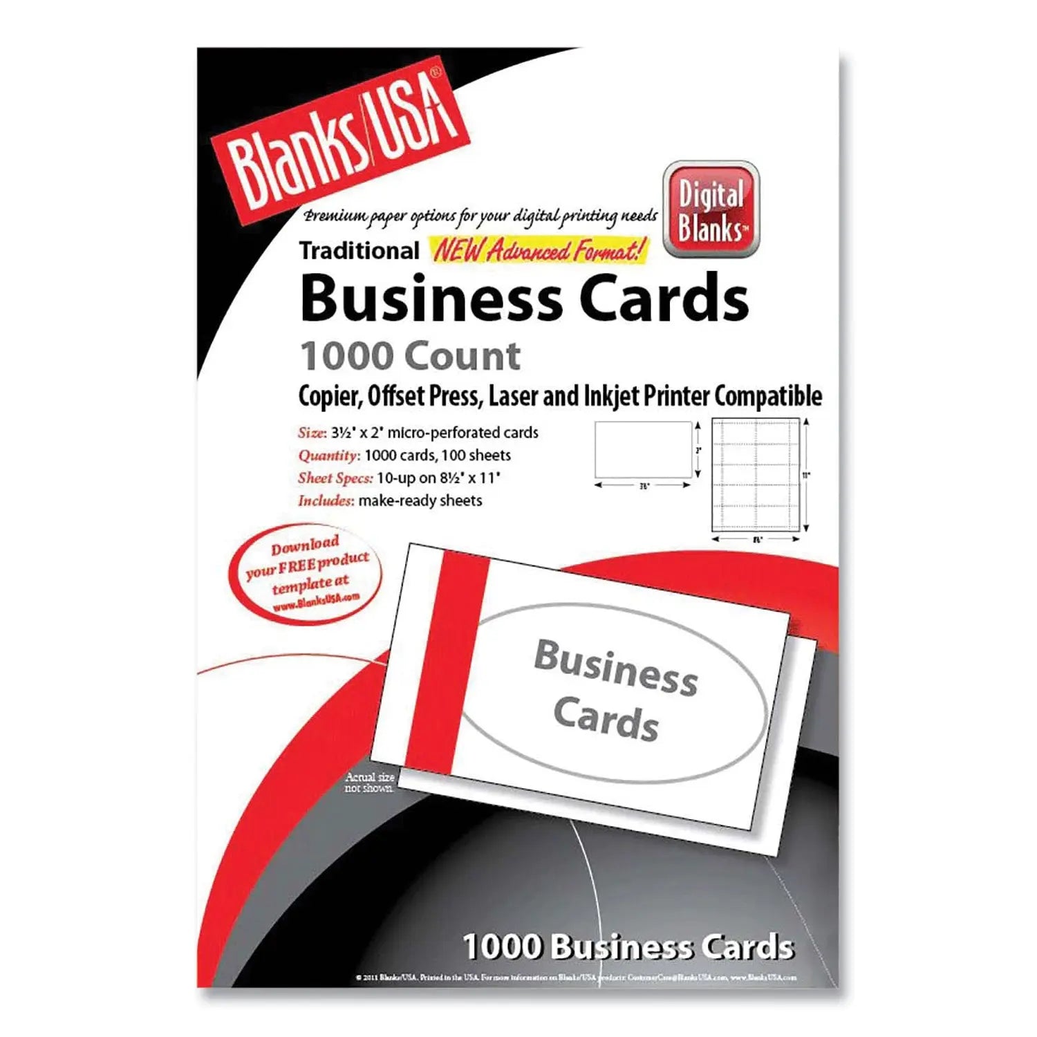 Blanks/USA® Printable Microperf Business Cards, Copier/inkjet/laser/offset, 2 X 3.5, White, Bristol, 1,000 Cards, 10/sheet, 100 Sheets/pk