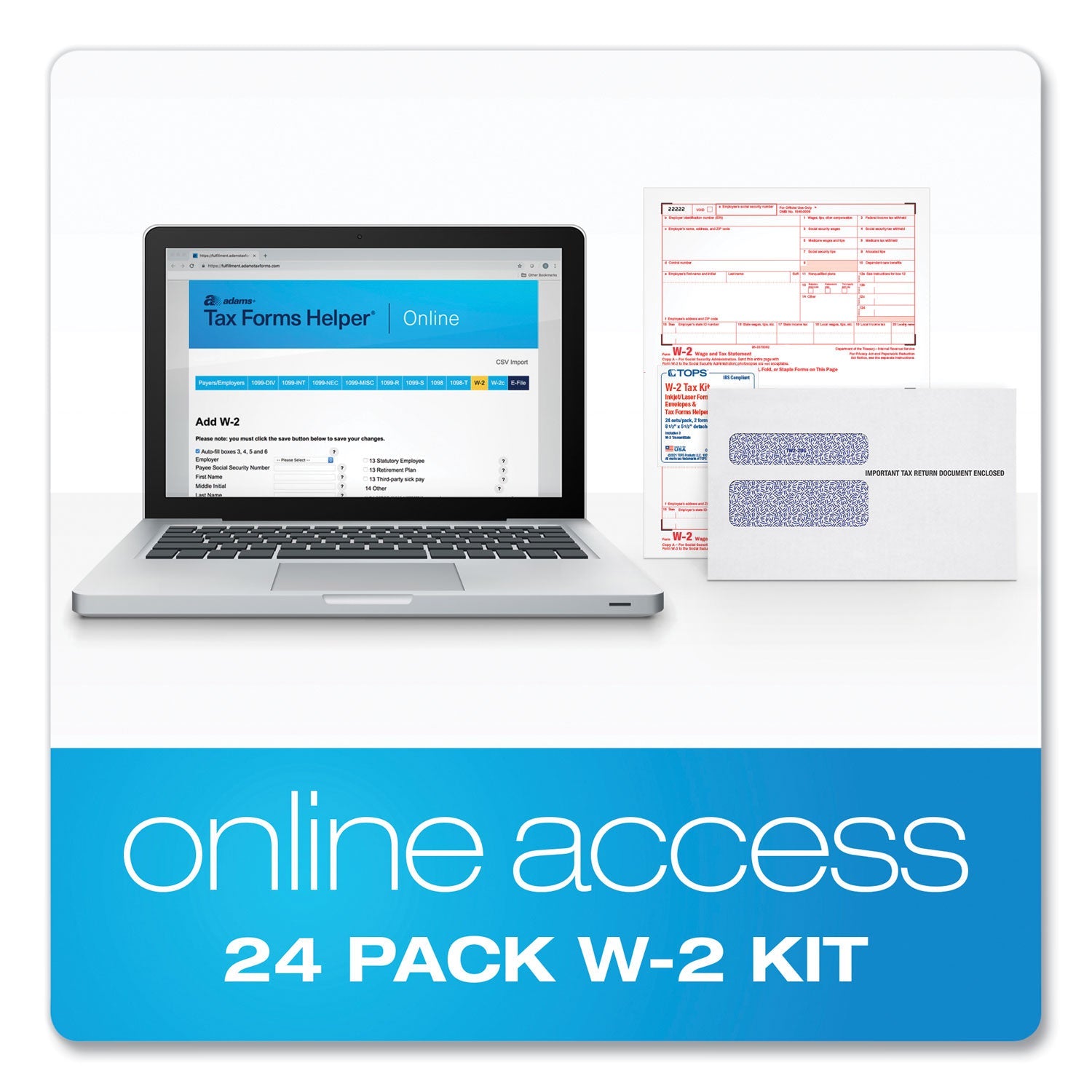 Adams® 6-Part W-2 Tax Form Kit with Security Envelopes and Tax Forms Helper, 2024, 8.5 x 5.5, 2 Forms/Sheet, 24 Forms Total - Bloom Skins
