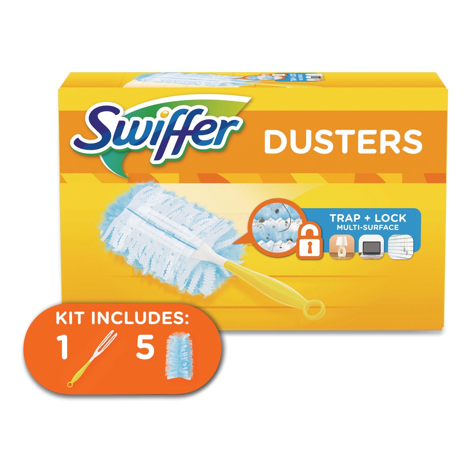 Swiffer® Dusters Starter Kit, Dust Lock Fiber, 6" Handle, Blue/yellow
