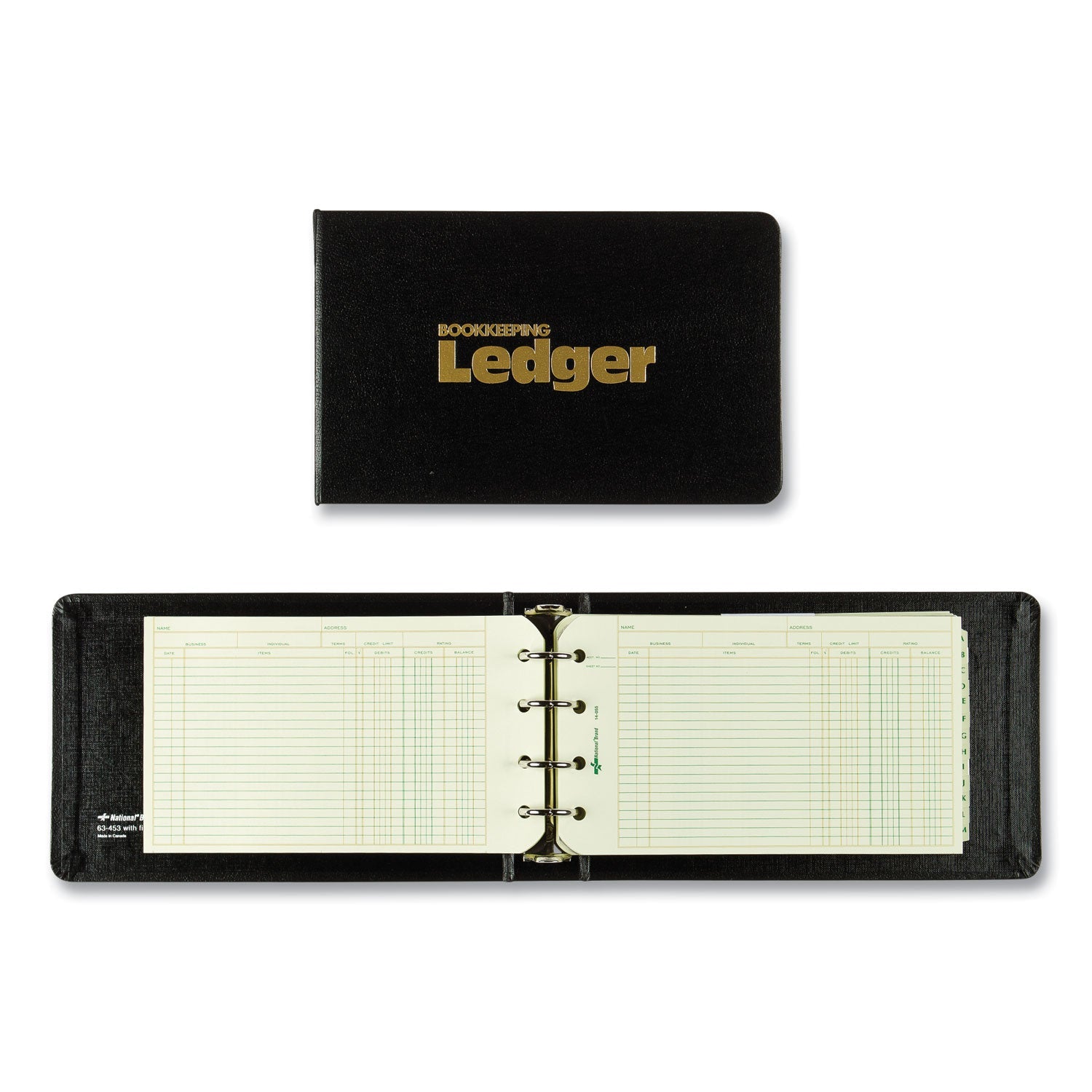 National® Four-Ring Ledger Binder Kit With A-Z Index, Black Cover, 8.5 X 5 Debit-Credit-Balance Sheets, 100 Sheets/book