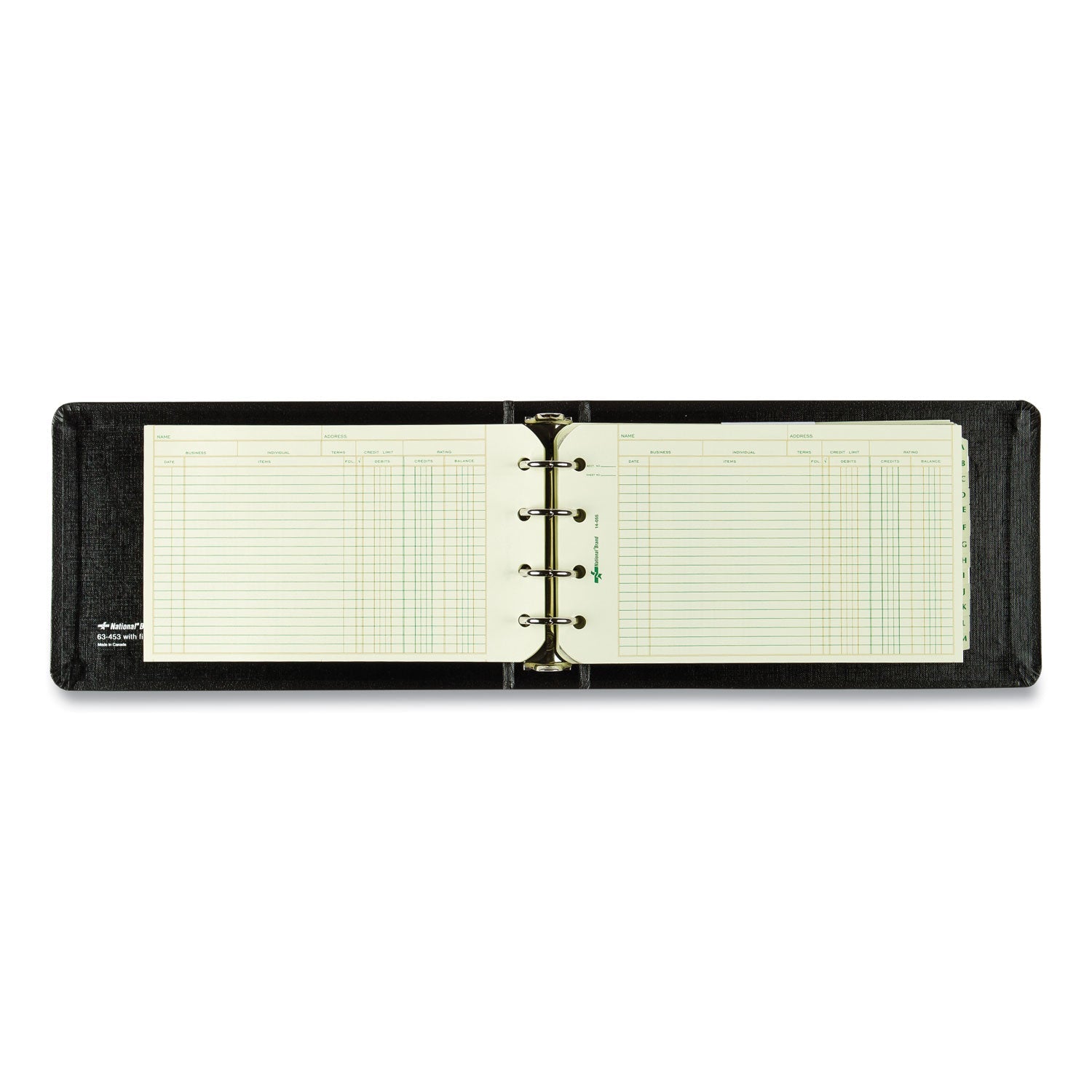 National® Four-Ring Ledger Binder Kit With A-Z Index, Black Cover, 8.5 X 5 Debit-Credit-Balance Sheets, 100 Sheets/book