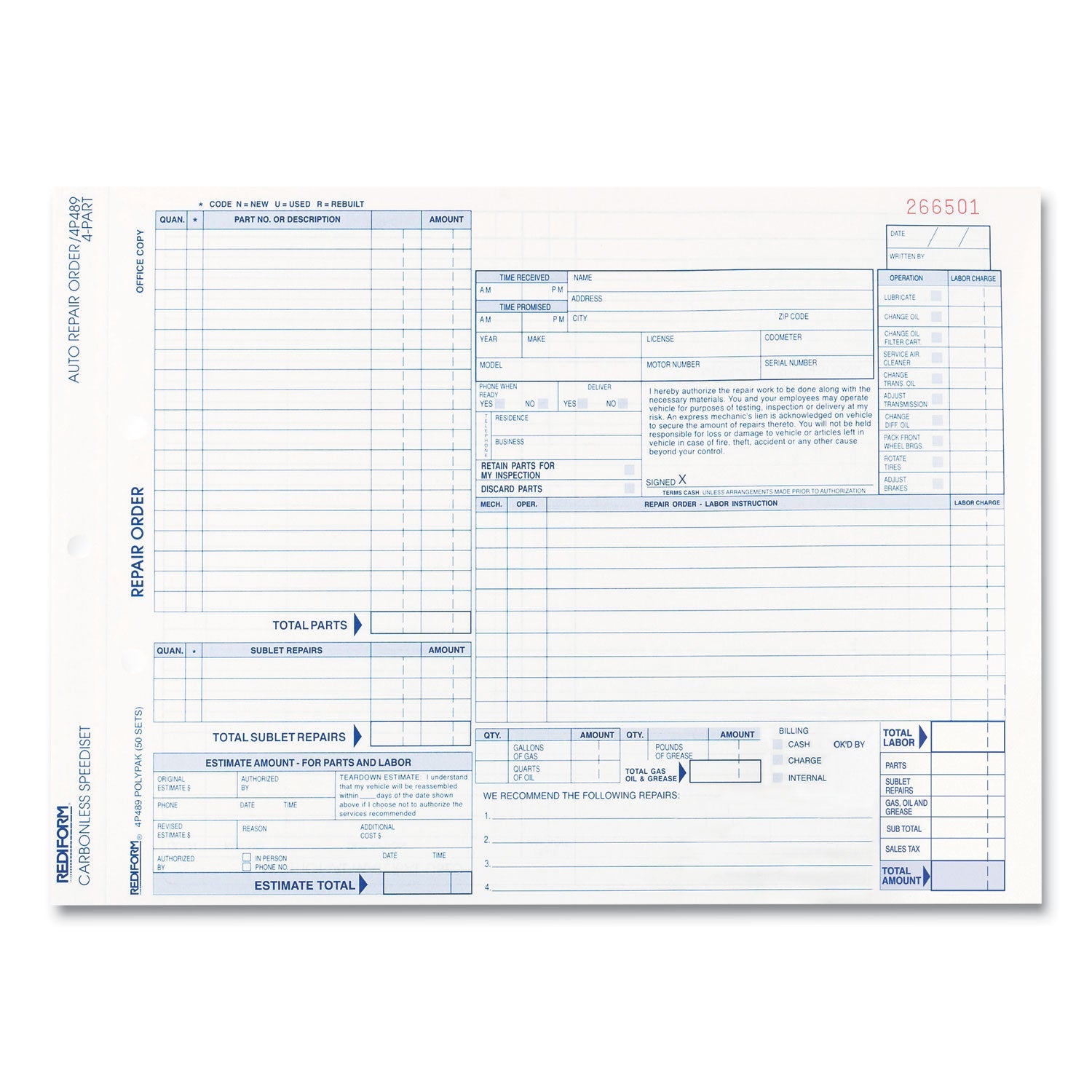 Rediform® Speediset Four-Part Auto Repair Form, Four-Part Carbonless, 11 x 8.5, 50 Forms Total
