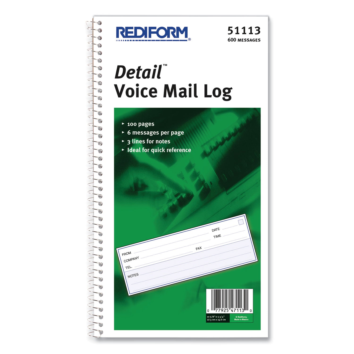 Rediform® Detail Wirebound Voice Mail Log Book, One-Part (No Copies), 5 x 1.63, 6 Forms/Sheet, 600 Forms Total