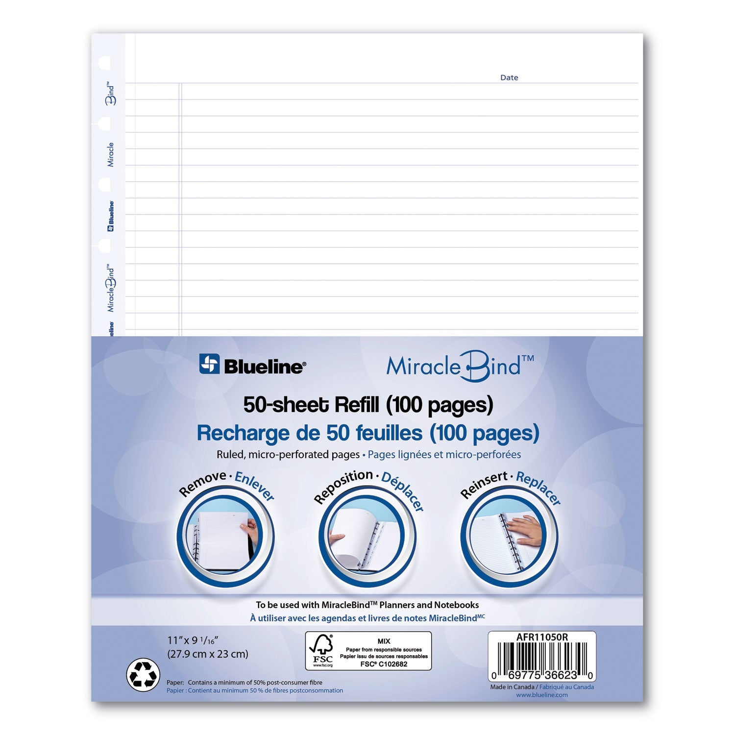 Blueline® Miraclebind Ruled Paper Refill Sheets For All Miraclebind Notebooks And Planners, 11 X 9.06, White/blue Sheets, Undated