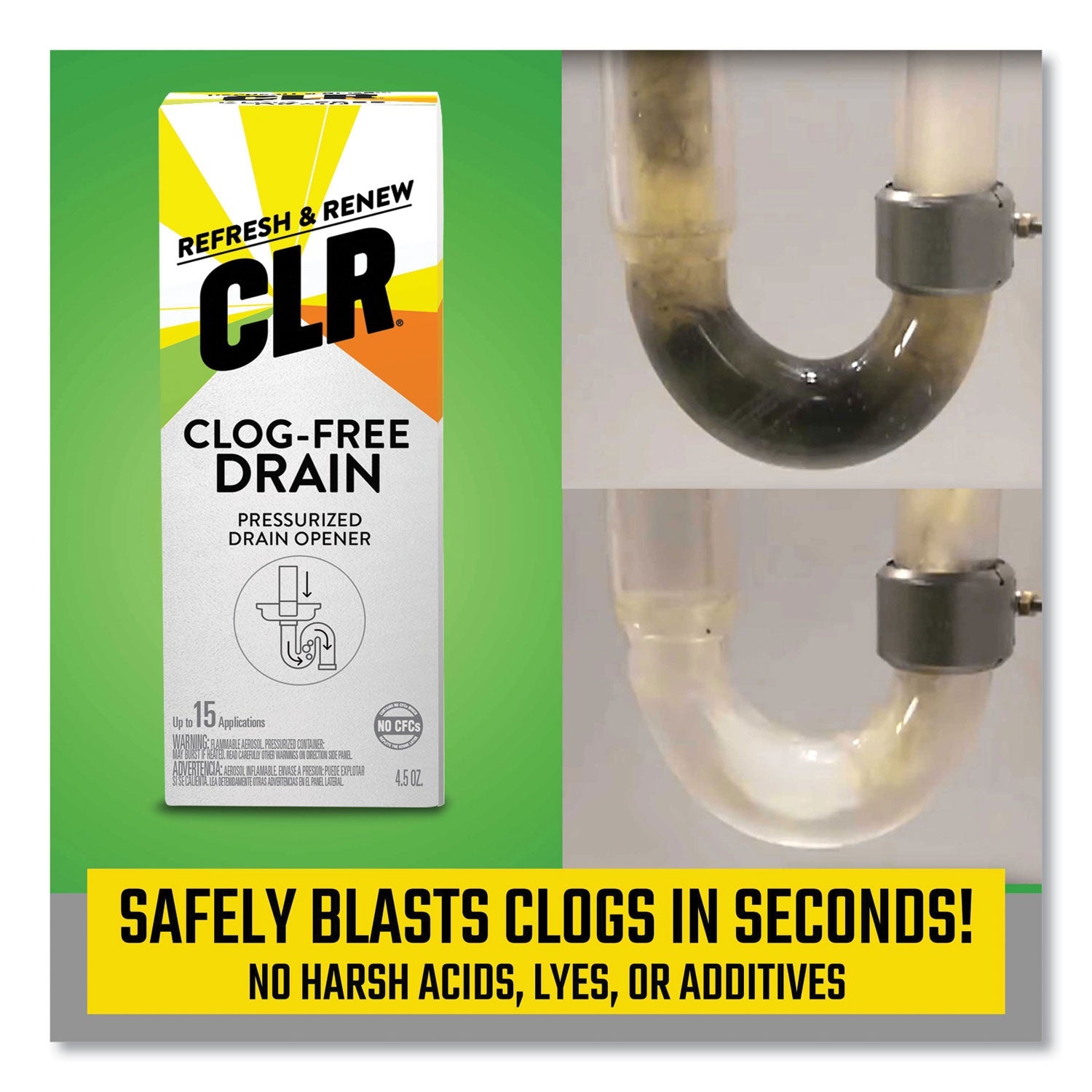 CLR® Clog-Free Drain Cleaner, 4.5 oz Aerosol Spray, 6/Carton