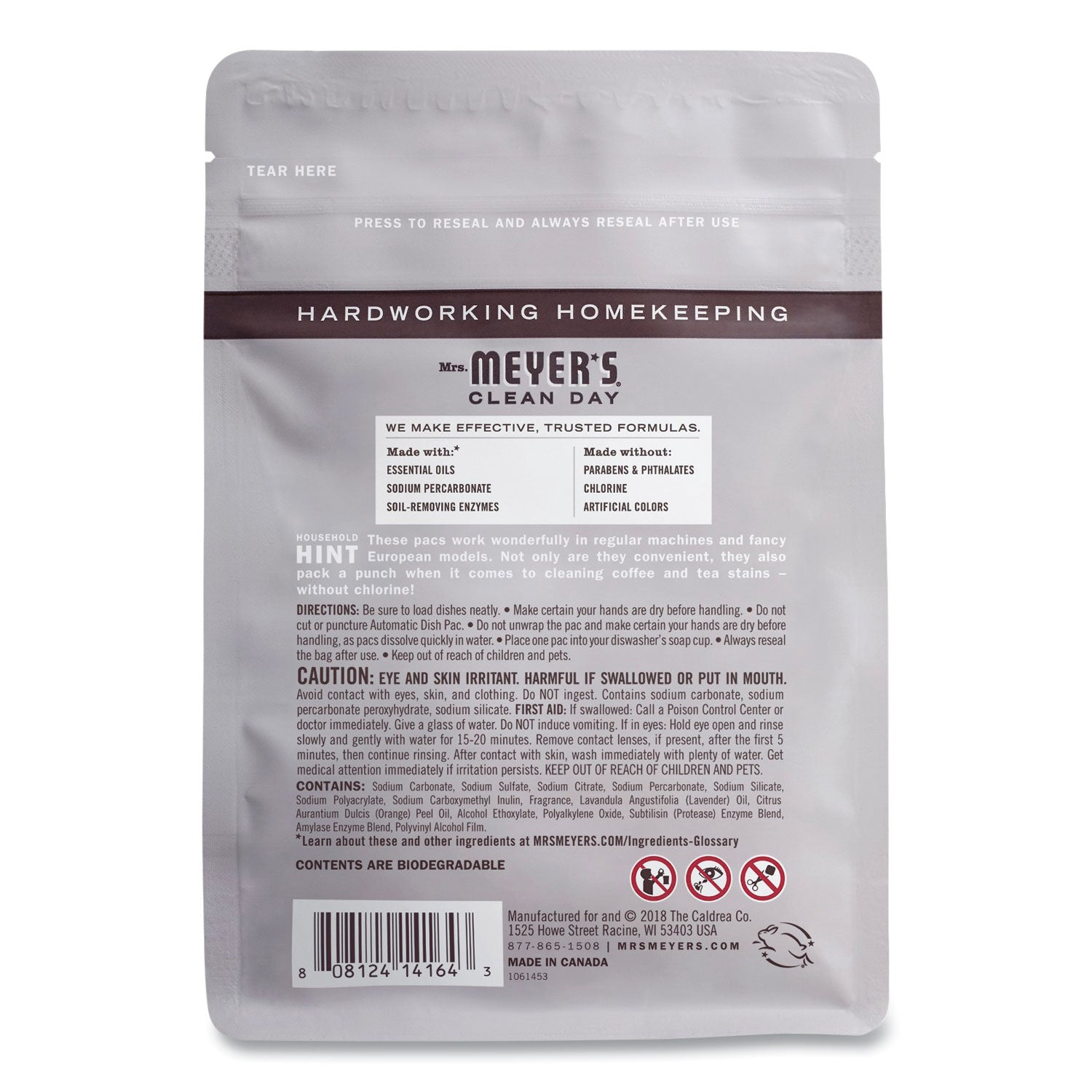 Mrs. Meyer's® Automatic Dish Detergent, Lavender, 12.7 Oz Pack, 20/pack, 6 Packs/carton